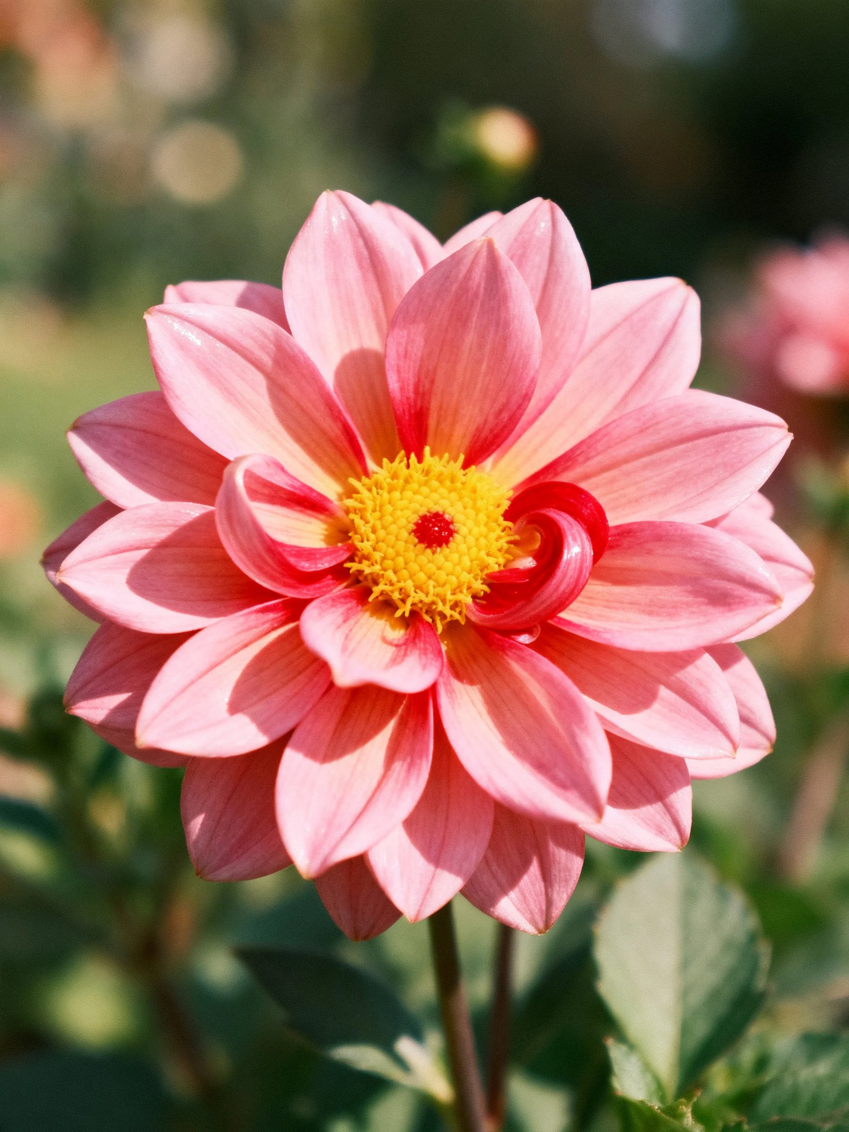 Pink Dahlia with Layered Petals and Bright Center