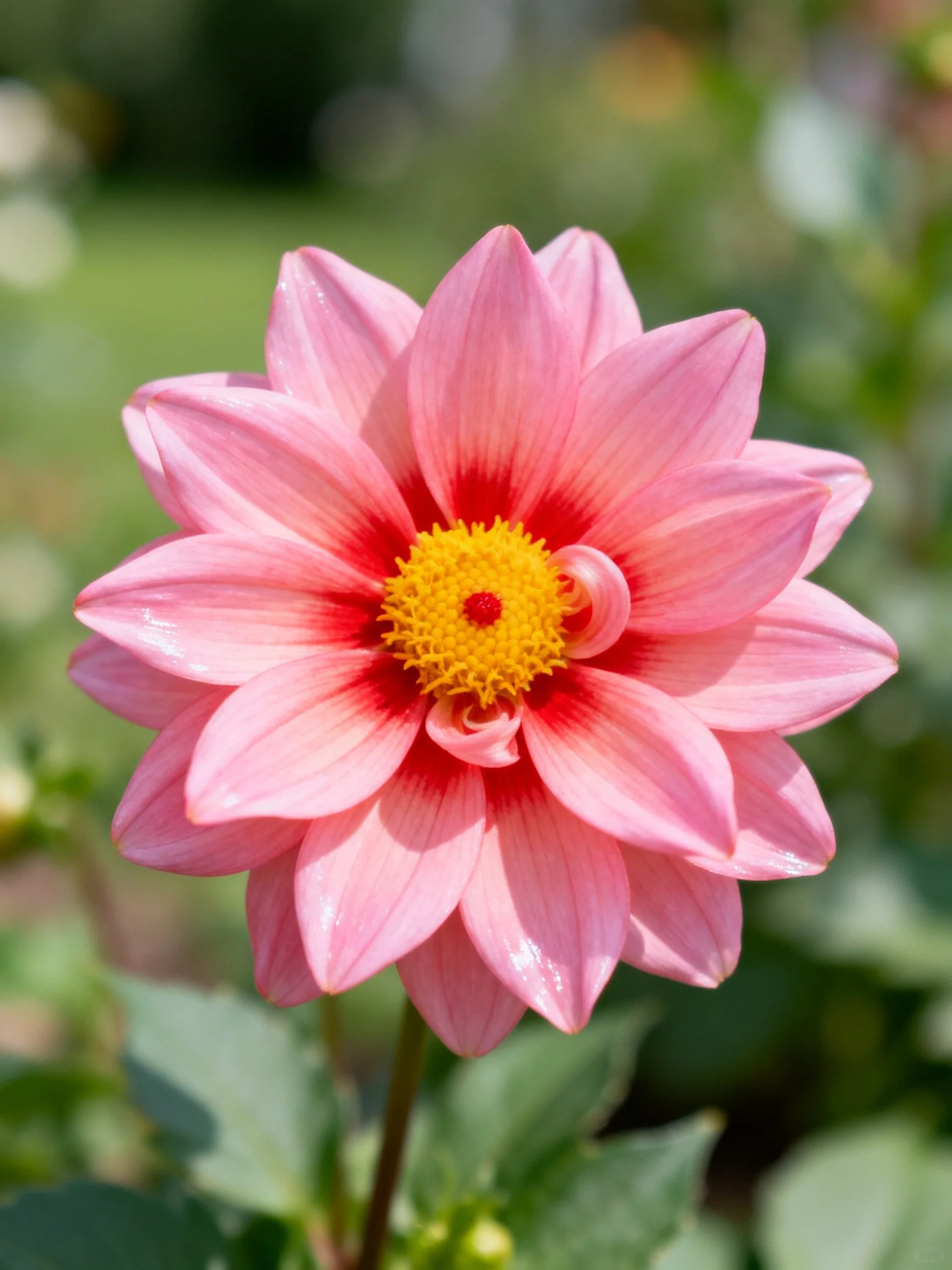 Pink Dahlia with Red Center and Yellow Stamen