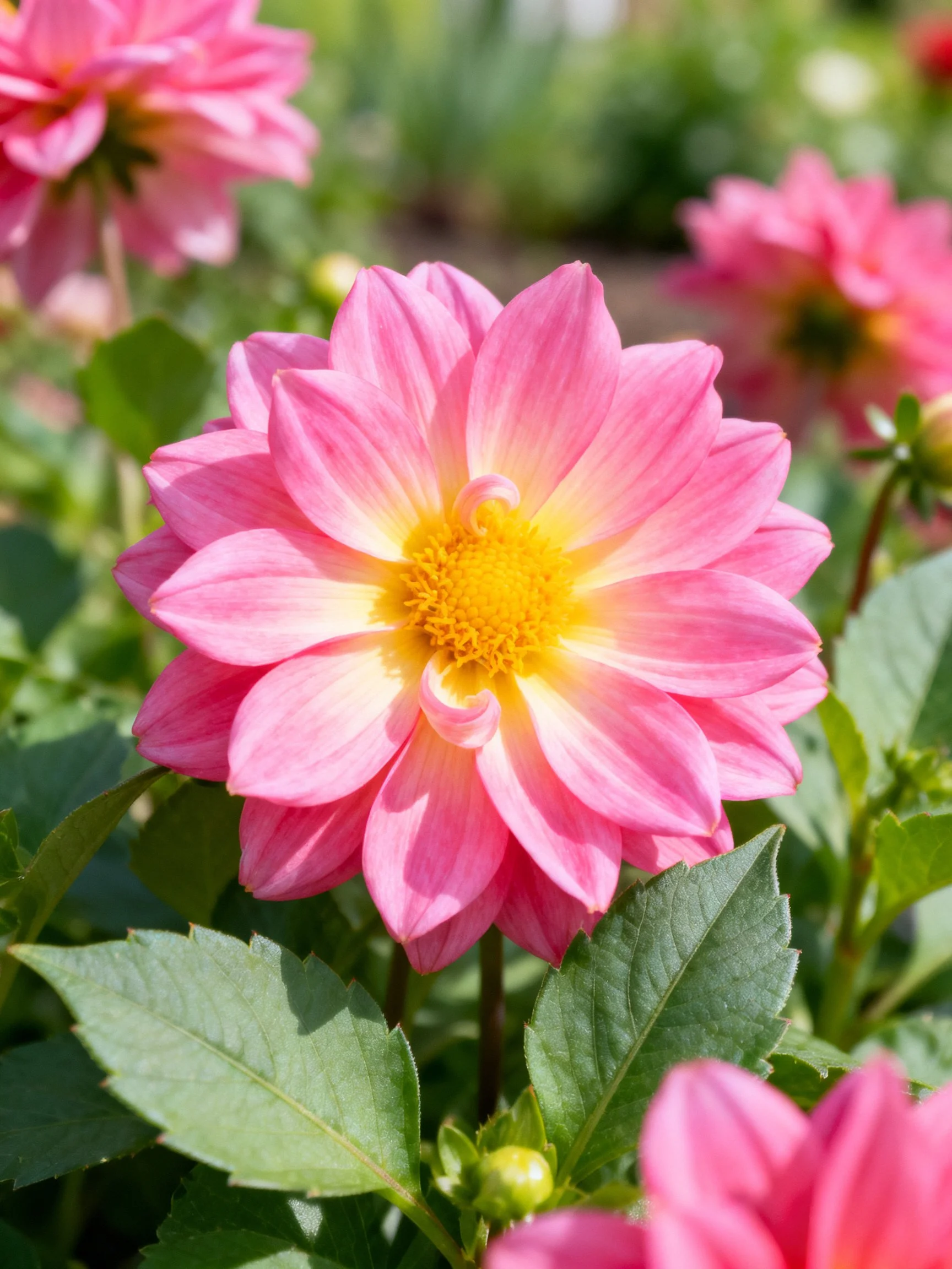 Pink Dahlia with Yellow Center Among Green Leaves