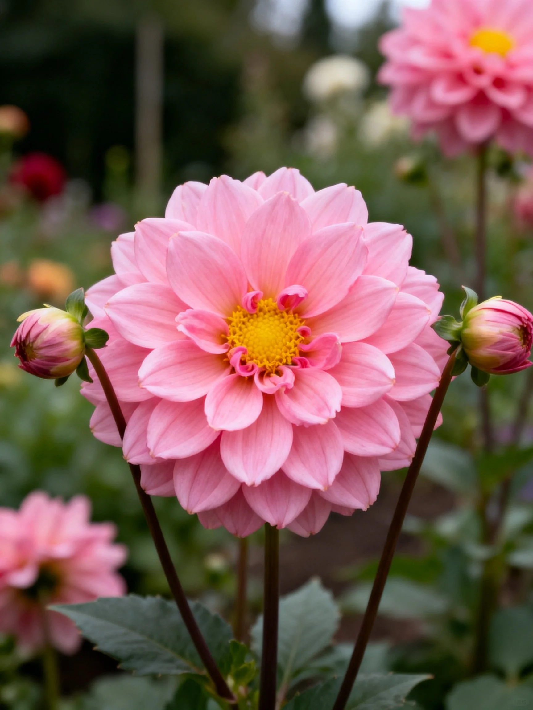 Pink Dahlias with Yellow Centers in a Garden Scene