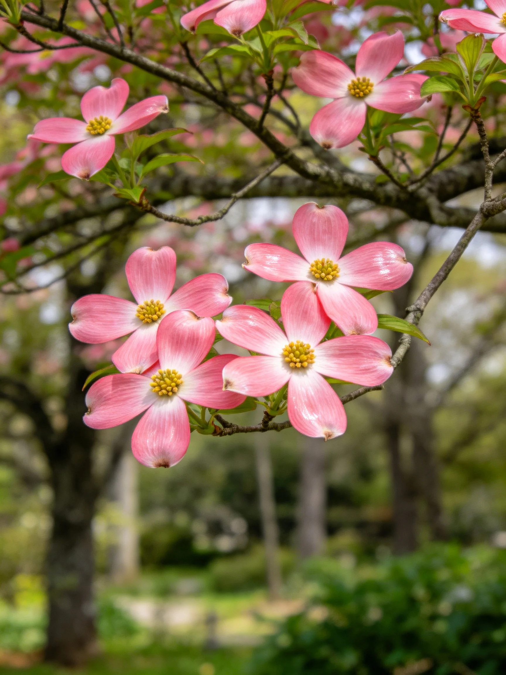 Pink dogwood flowers with yellow centers bloom on tree branches in a verdant outdoor space.