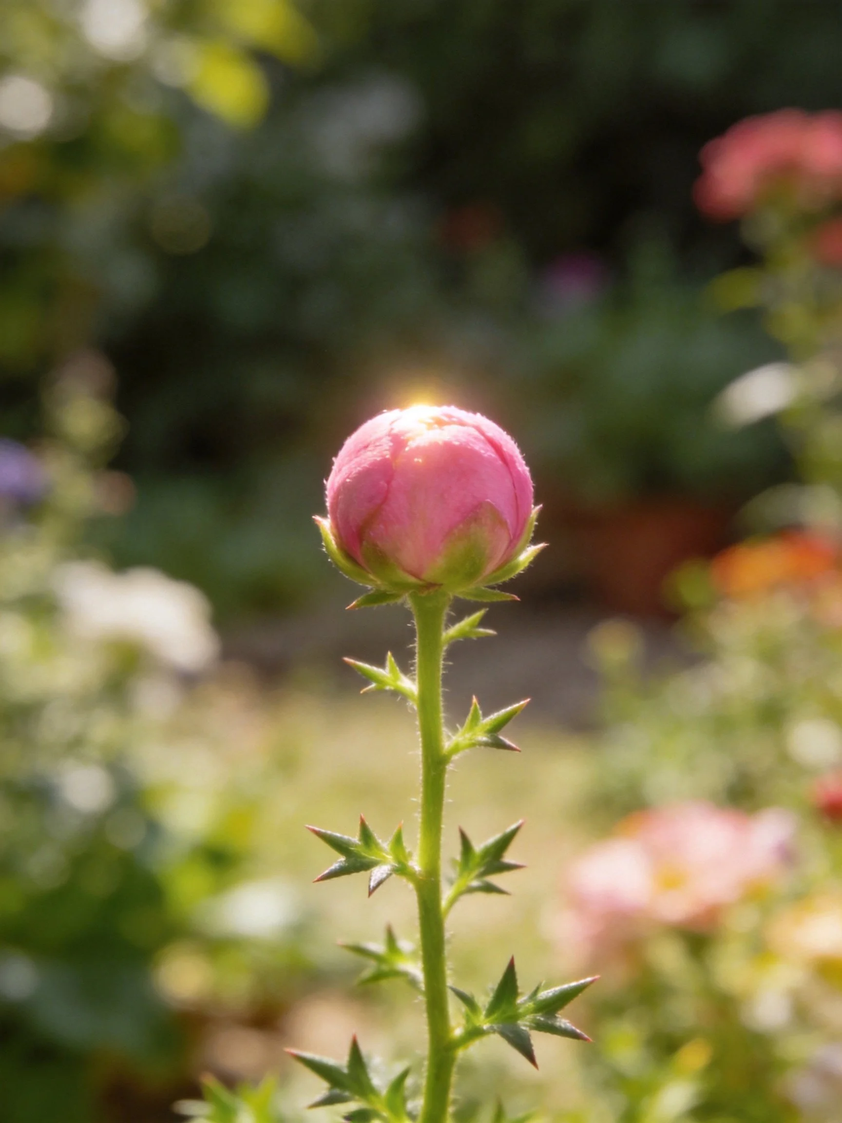 Pink Flower Bud with Spiky Green Stem Under Warm Light