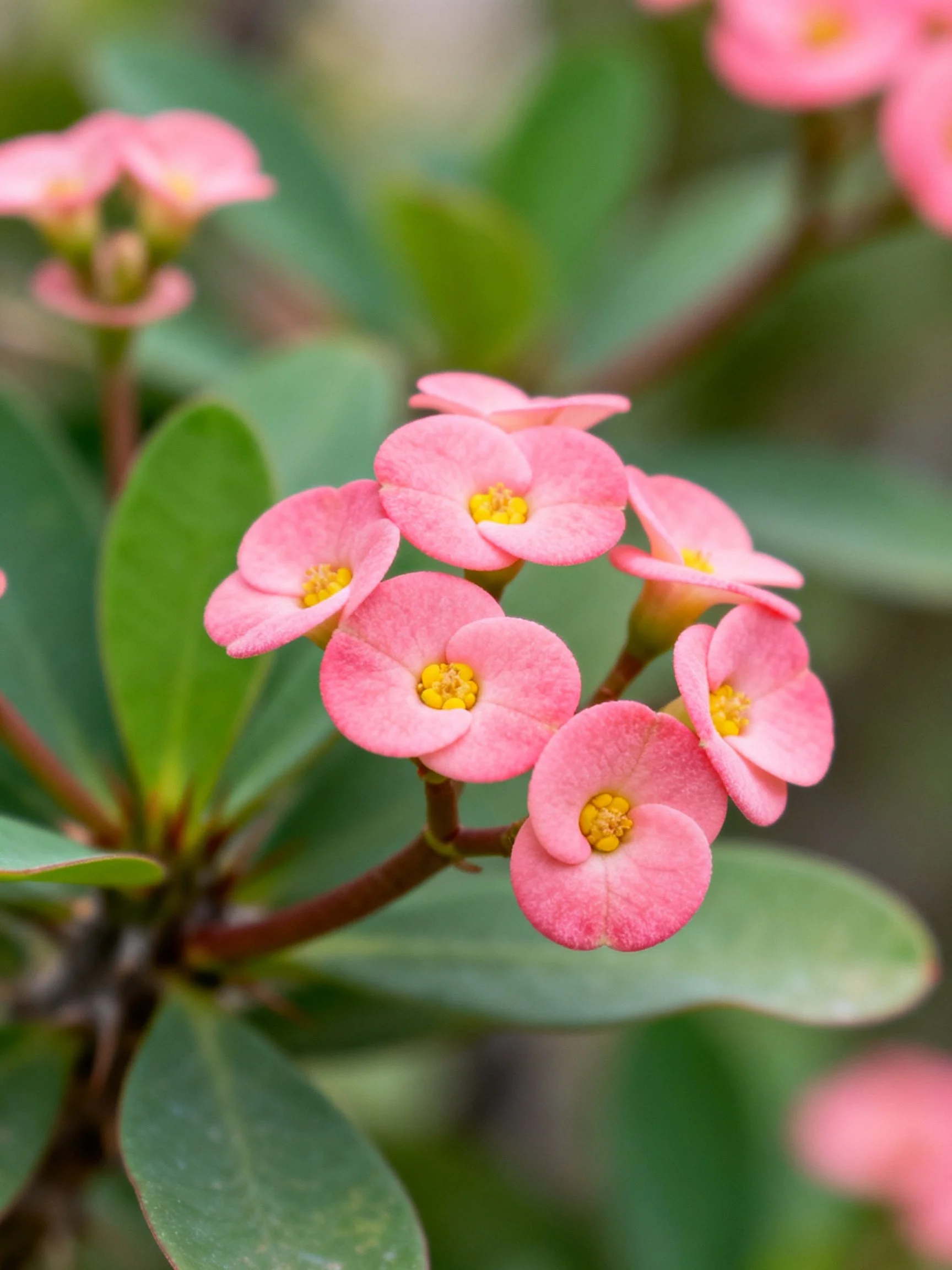 Pink Flower Cluster with Yellow Centers Among Glossy Green Leaves