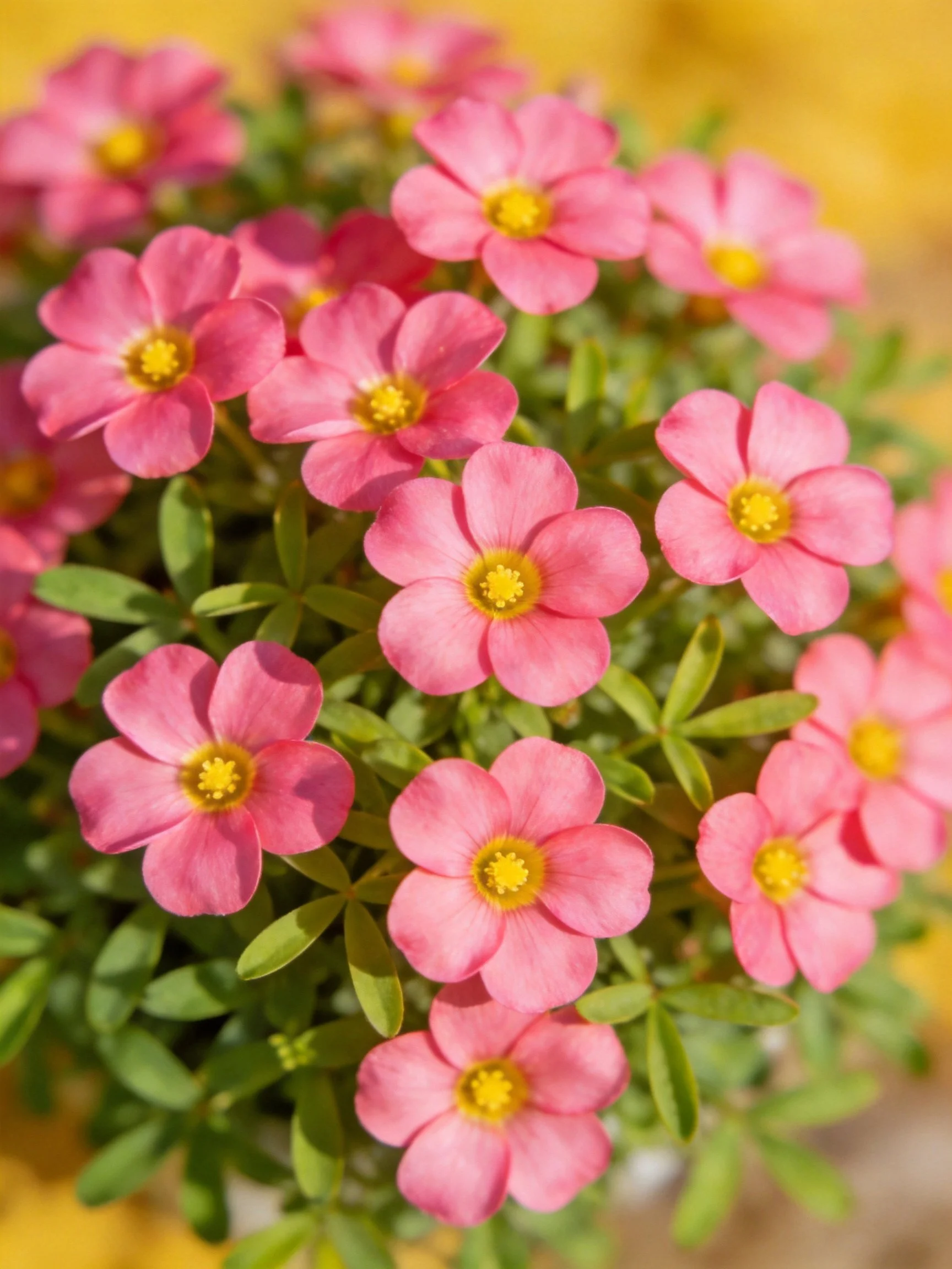 Pink Flowers With Yellow Centers Among Green Foliage