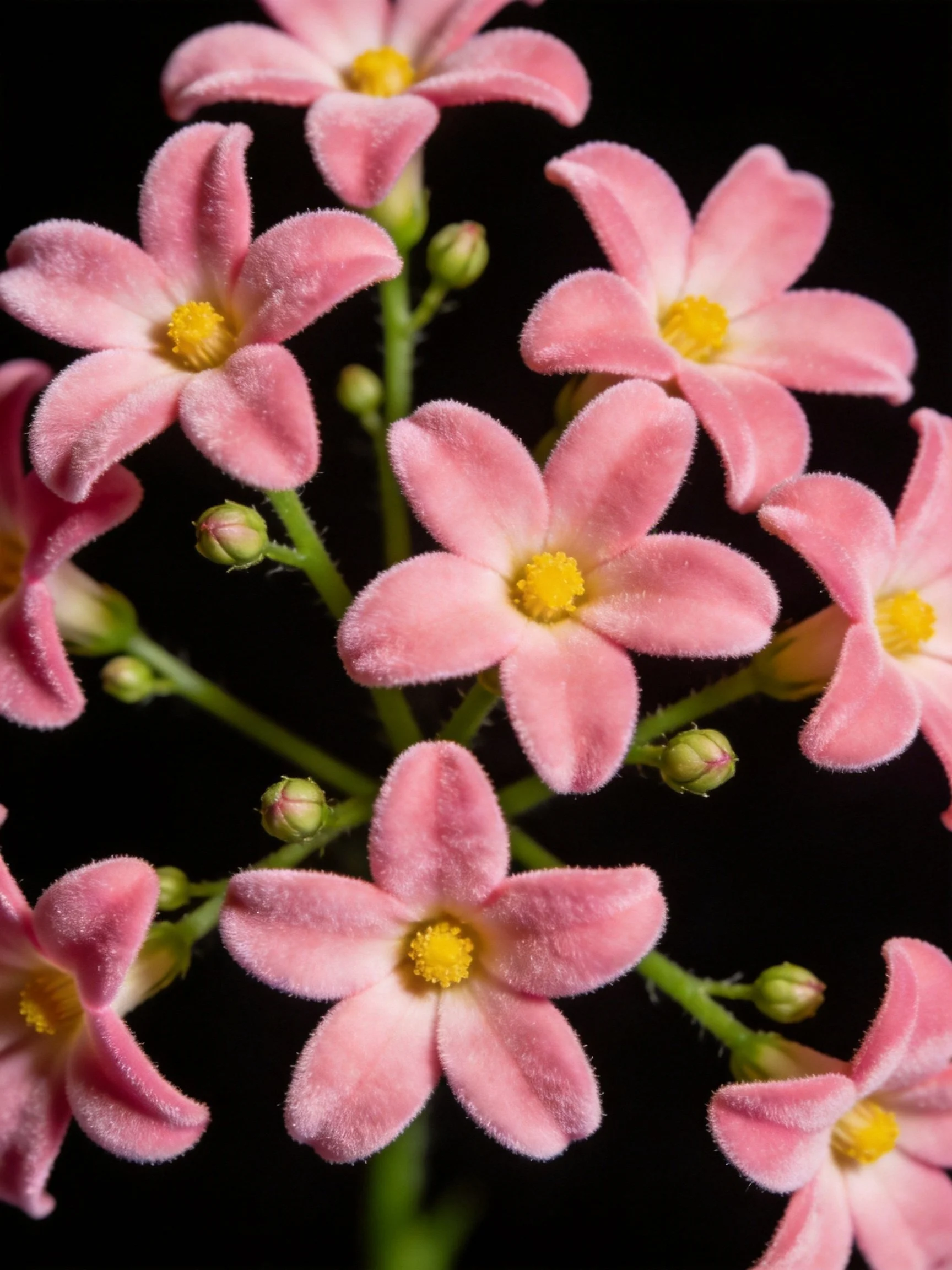 Pink Flowers with Yellow Centers and Green Buds Against a Black Background
