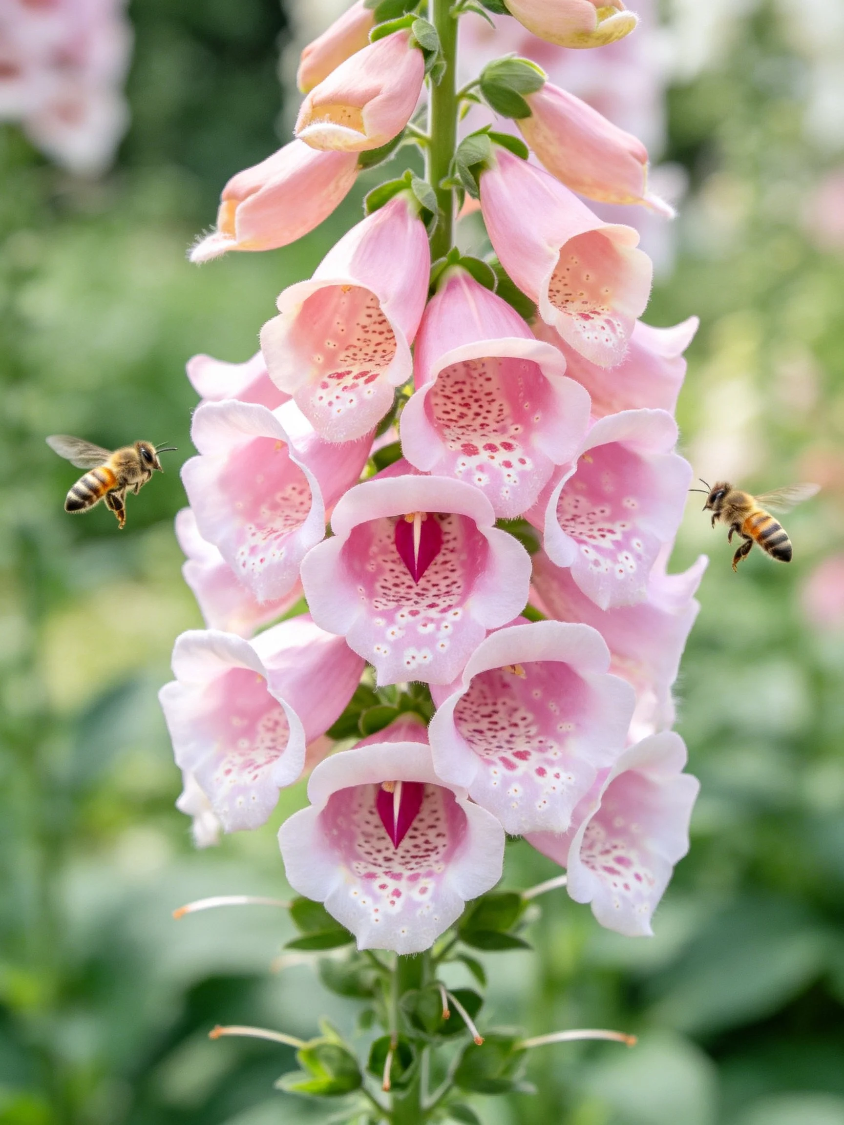 Pink Foxgloves with Bees in a Garden Setting