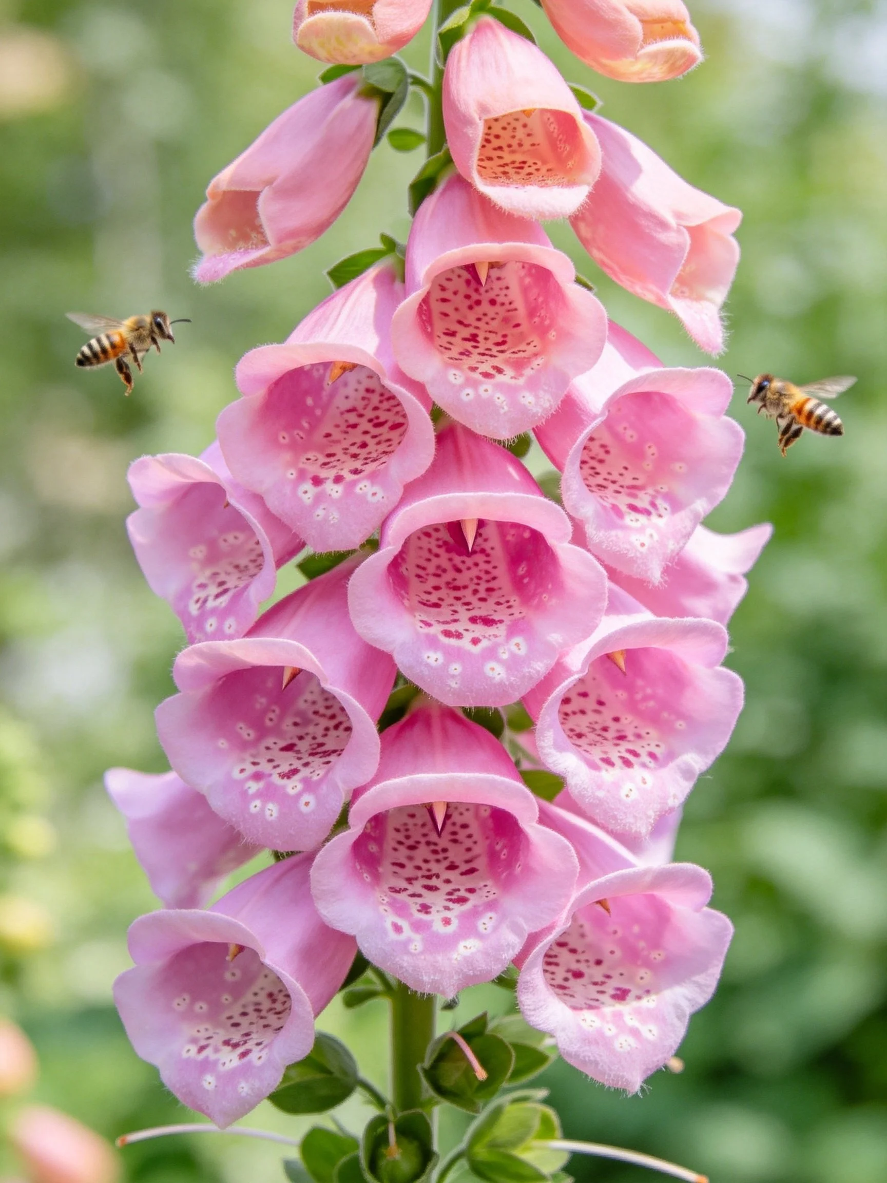 Pink Foxgloves with Bees in a Sunlit Garden