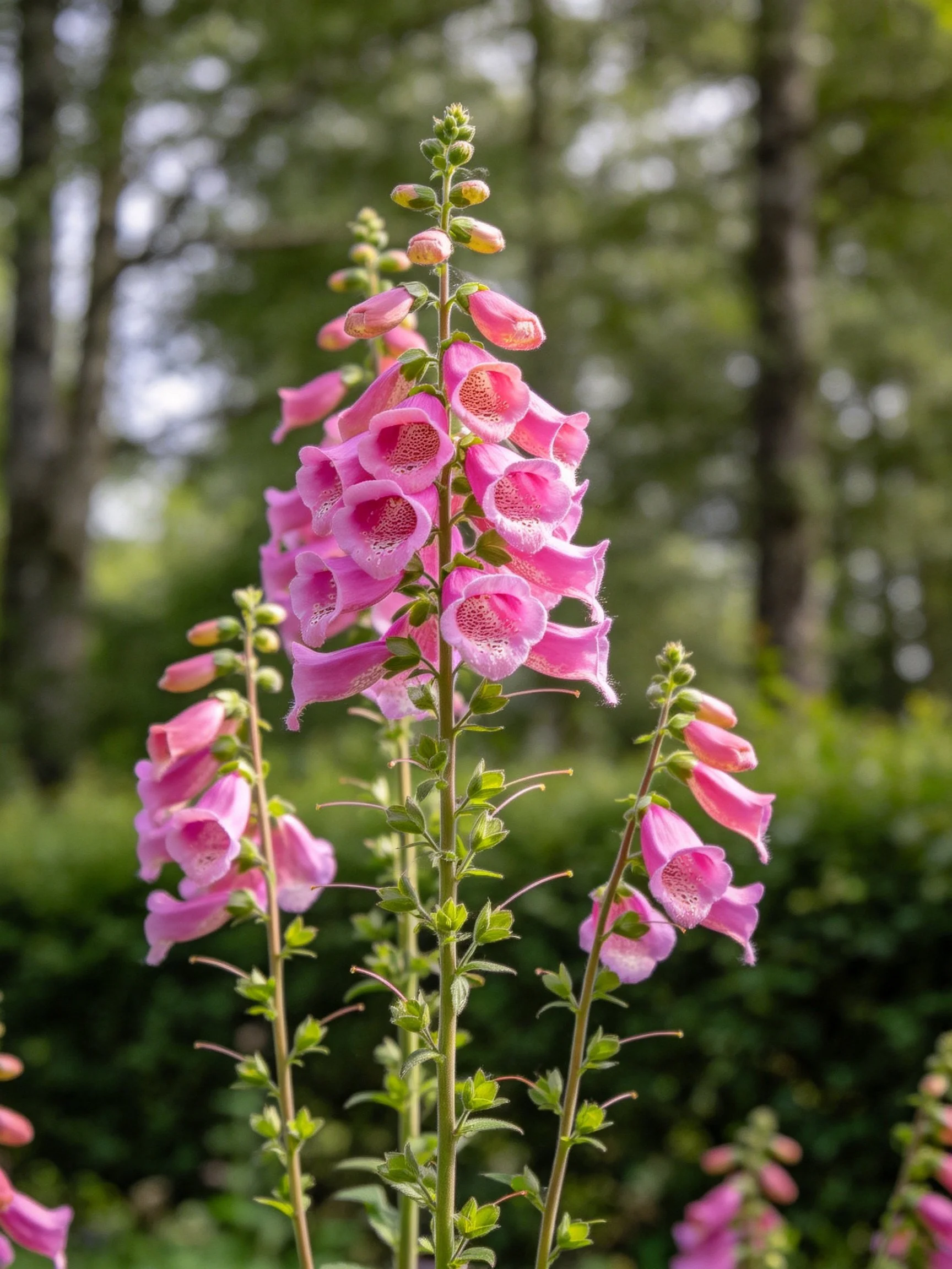 Pink Foxgloves with Bell-Shaped Blooms in a Garden