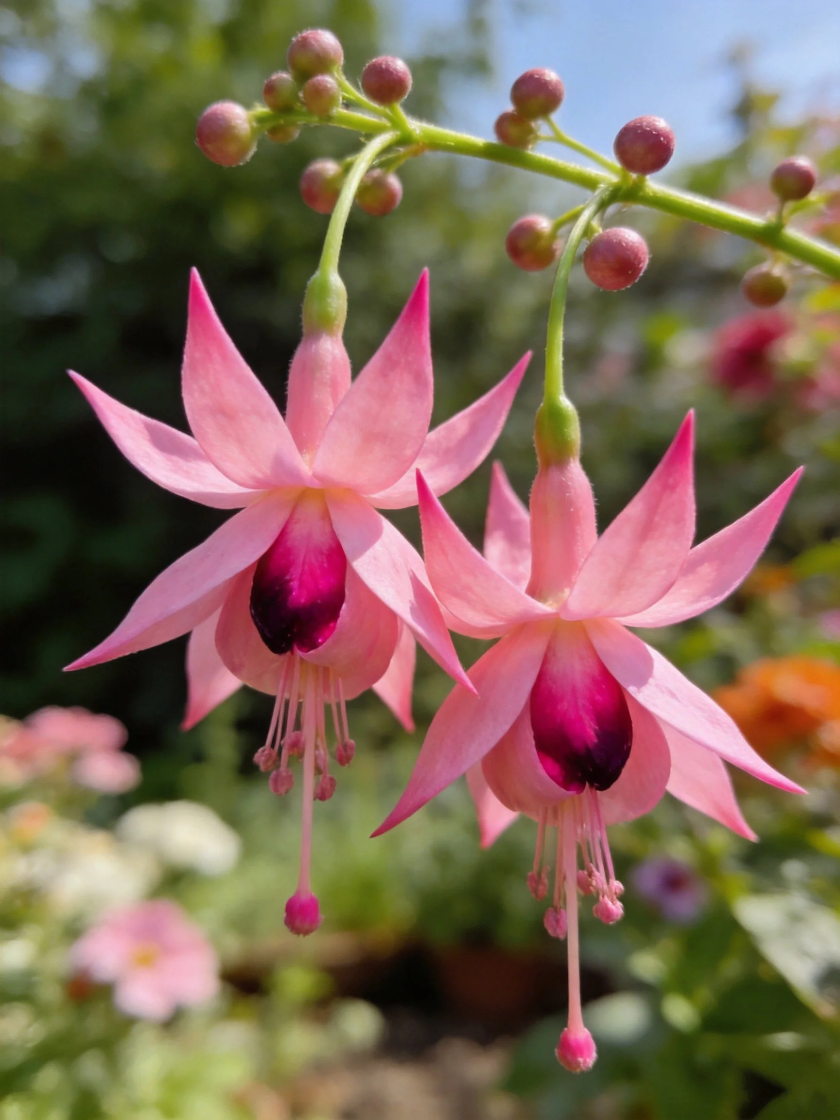 Pink Fuchsia Flowers with Dark Centers and Bud Cluster