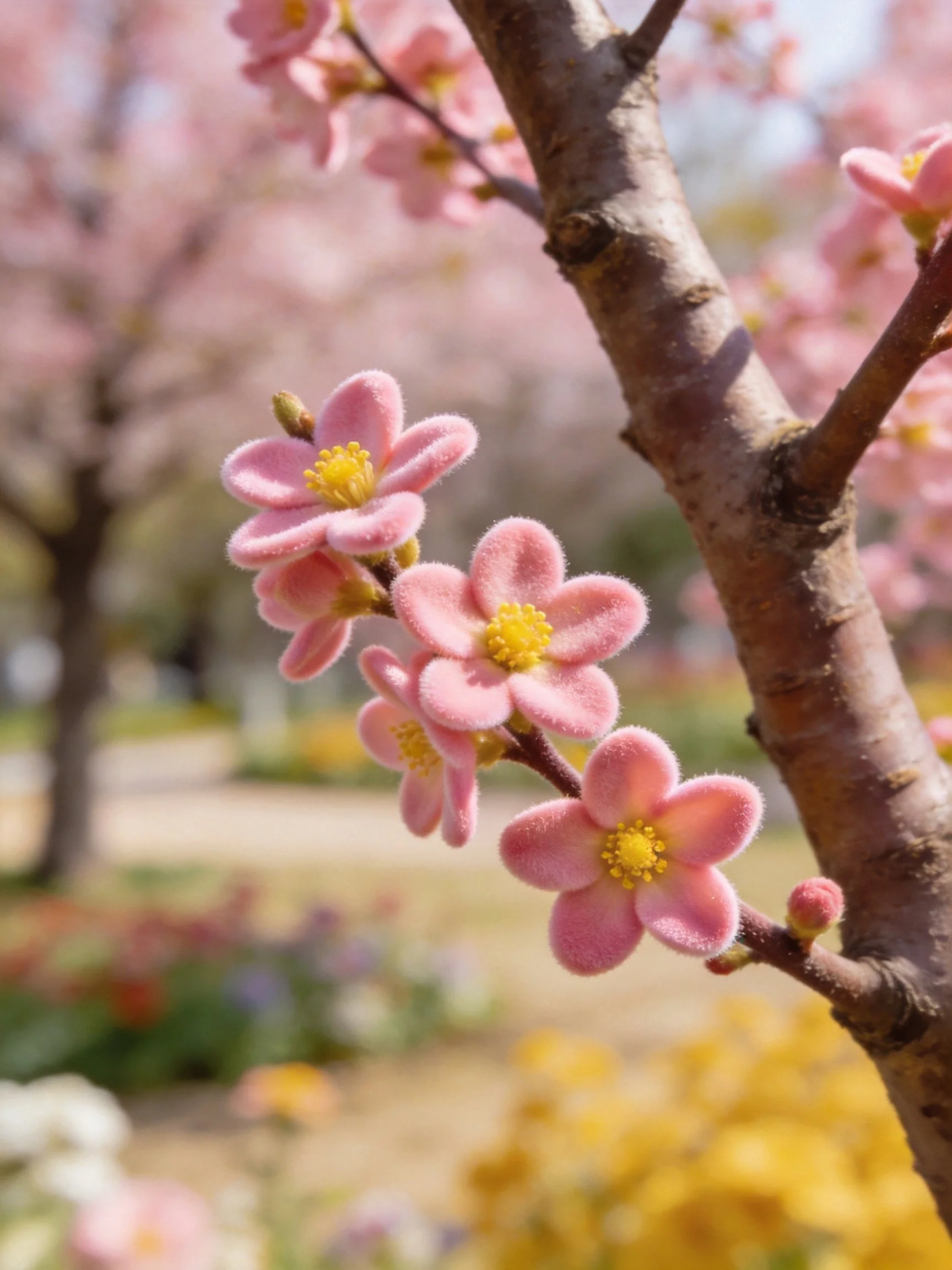 Pink Fuzzy Flowers with Yellow Centers on a Tree Branch in a Park