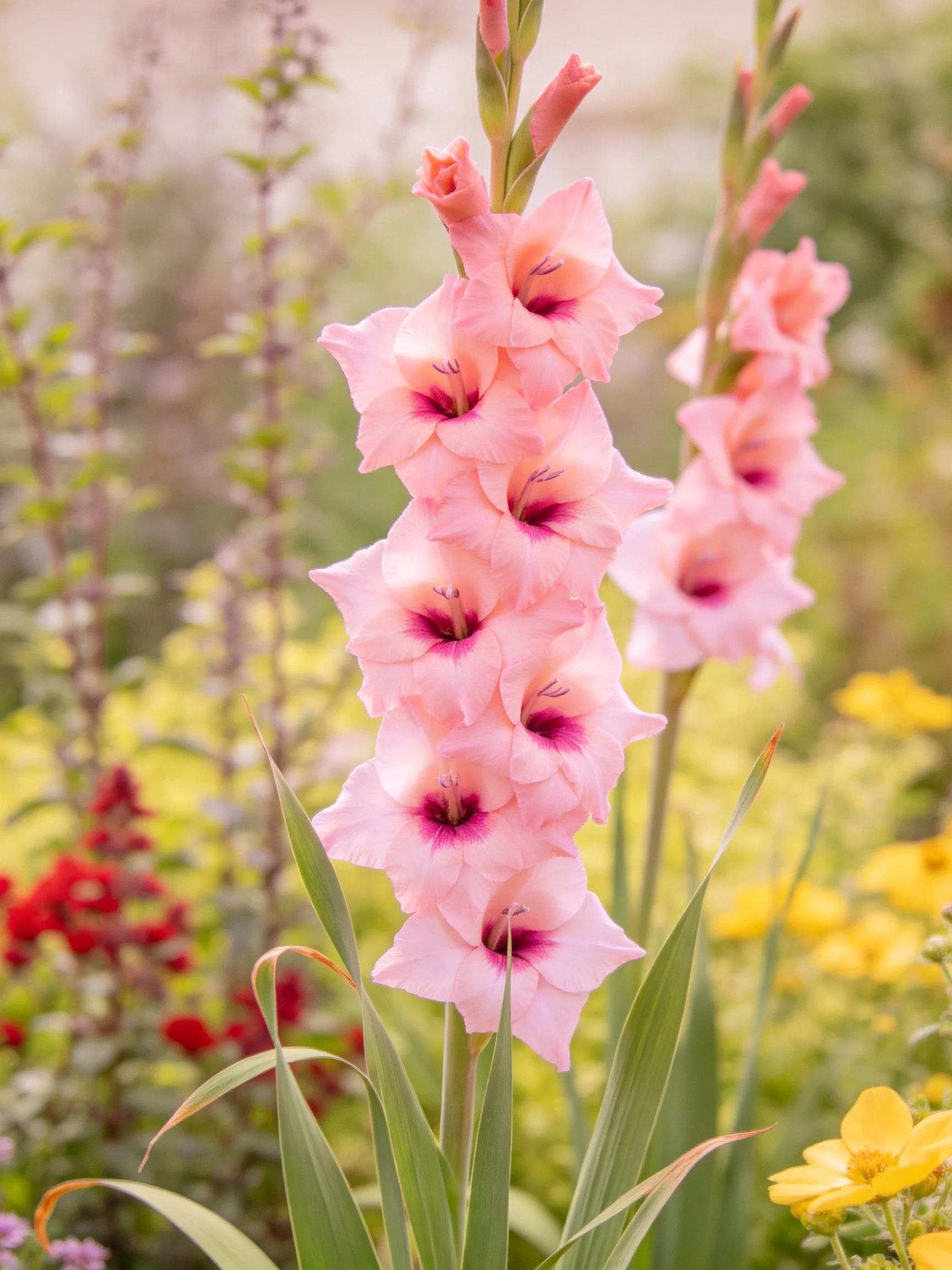Pink Gladiolus Flowers with Purple Centers in a Garden