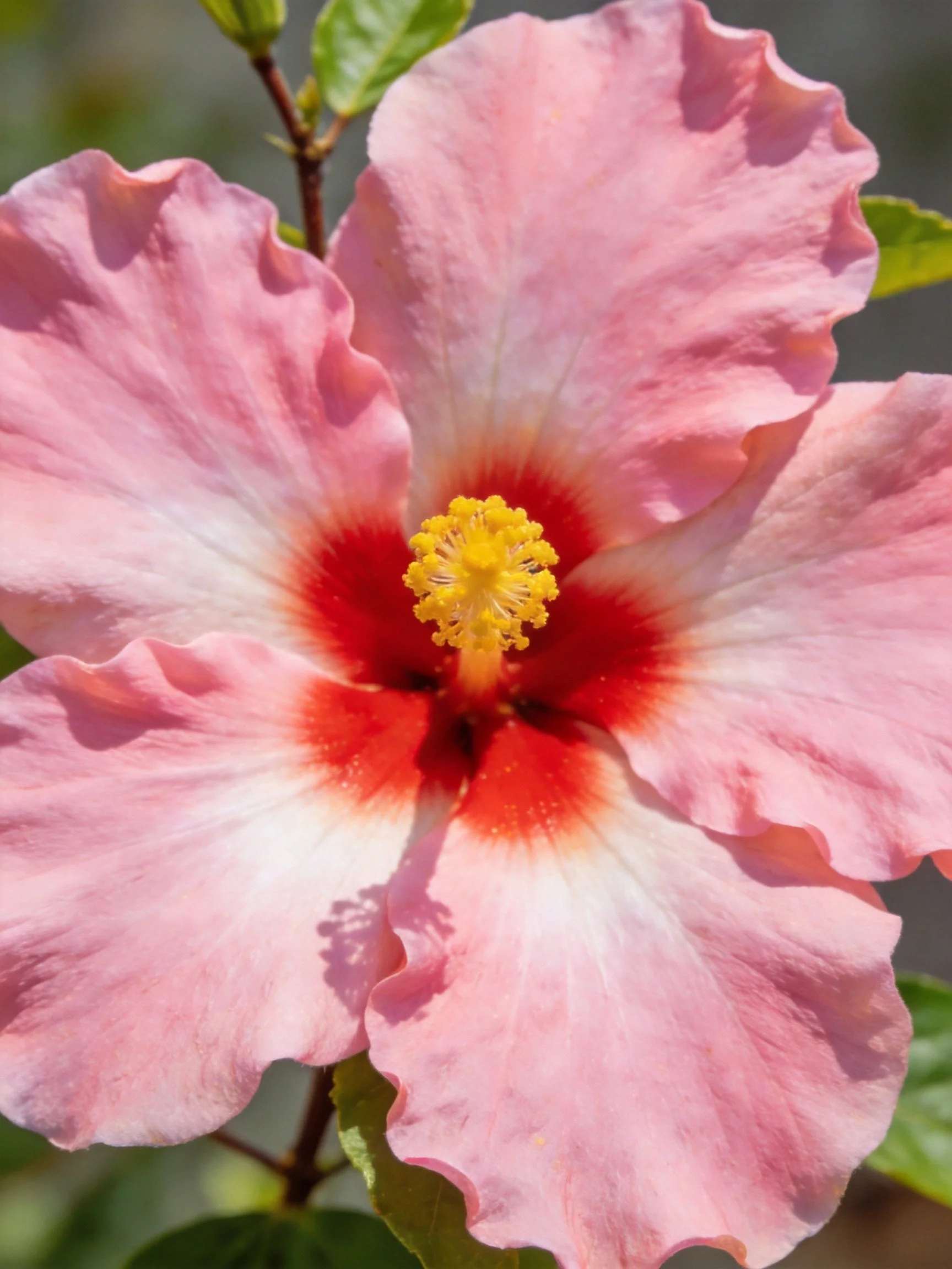 Pink Hibiscus Bloom with Red Center and Yellow Stamen