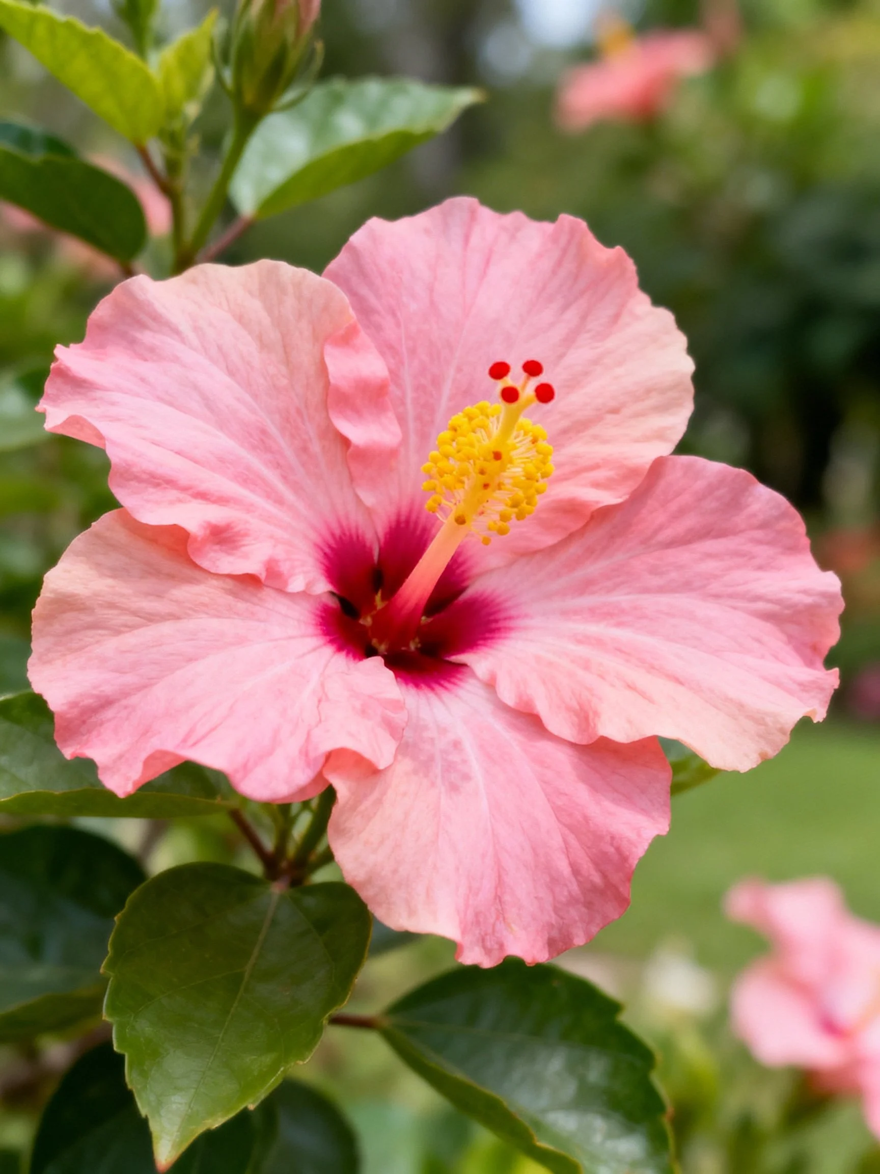 Pink Hibiscus Flower with Dark Center and Green Foliage