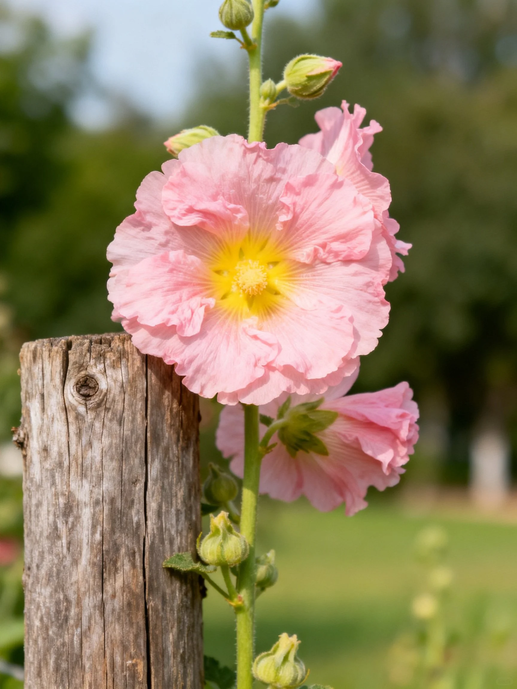 Pink Hollyhocks Near Weathered Wooden Post with Green Buds
