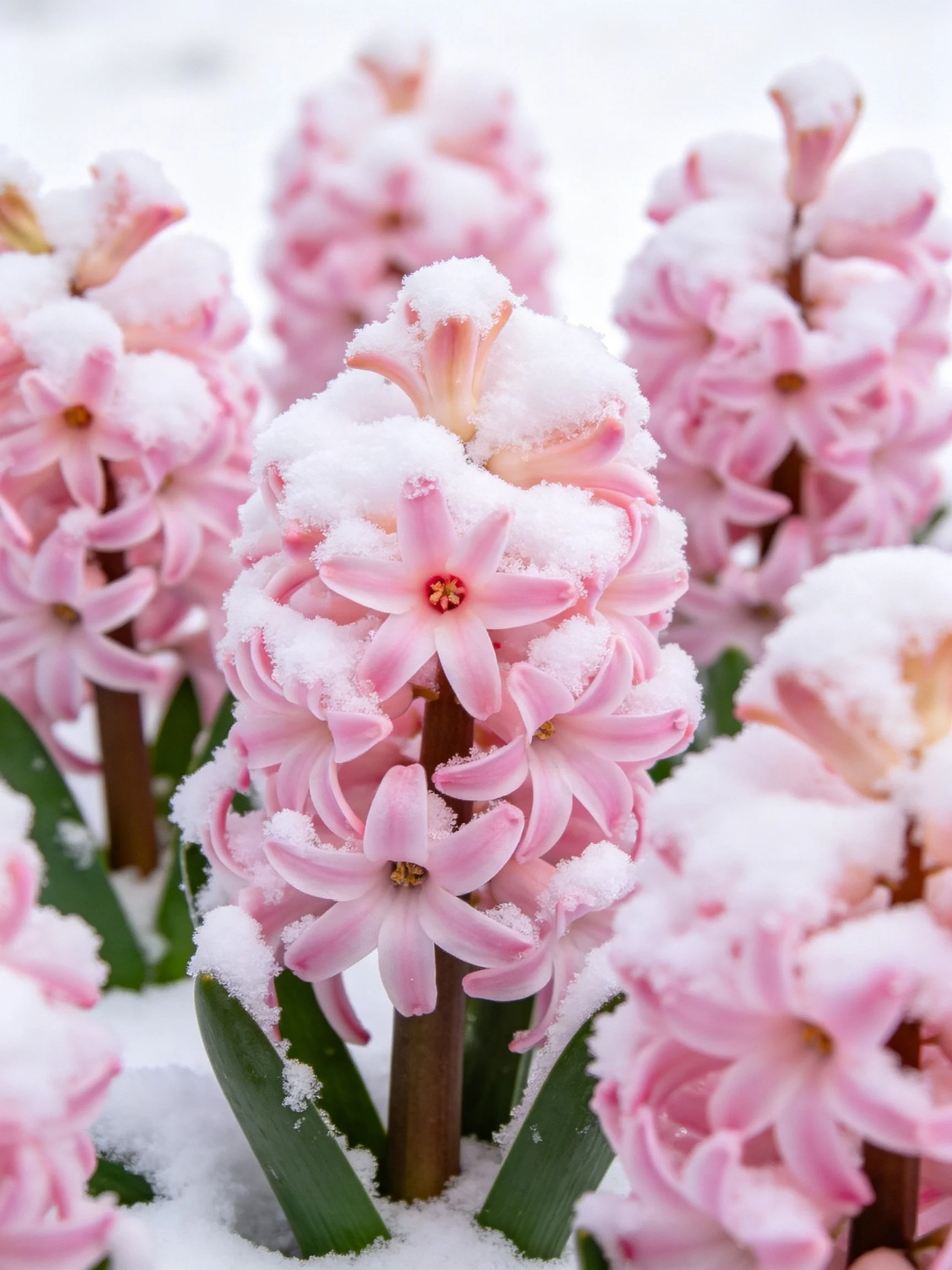 Pink Hyacinths Blanketed by Fresh White Snow