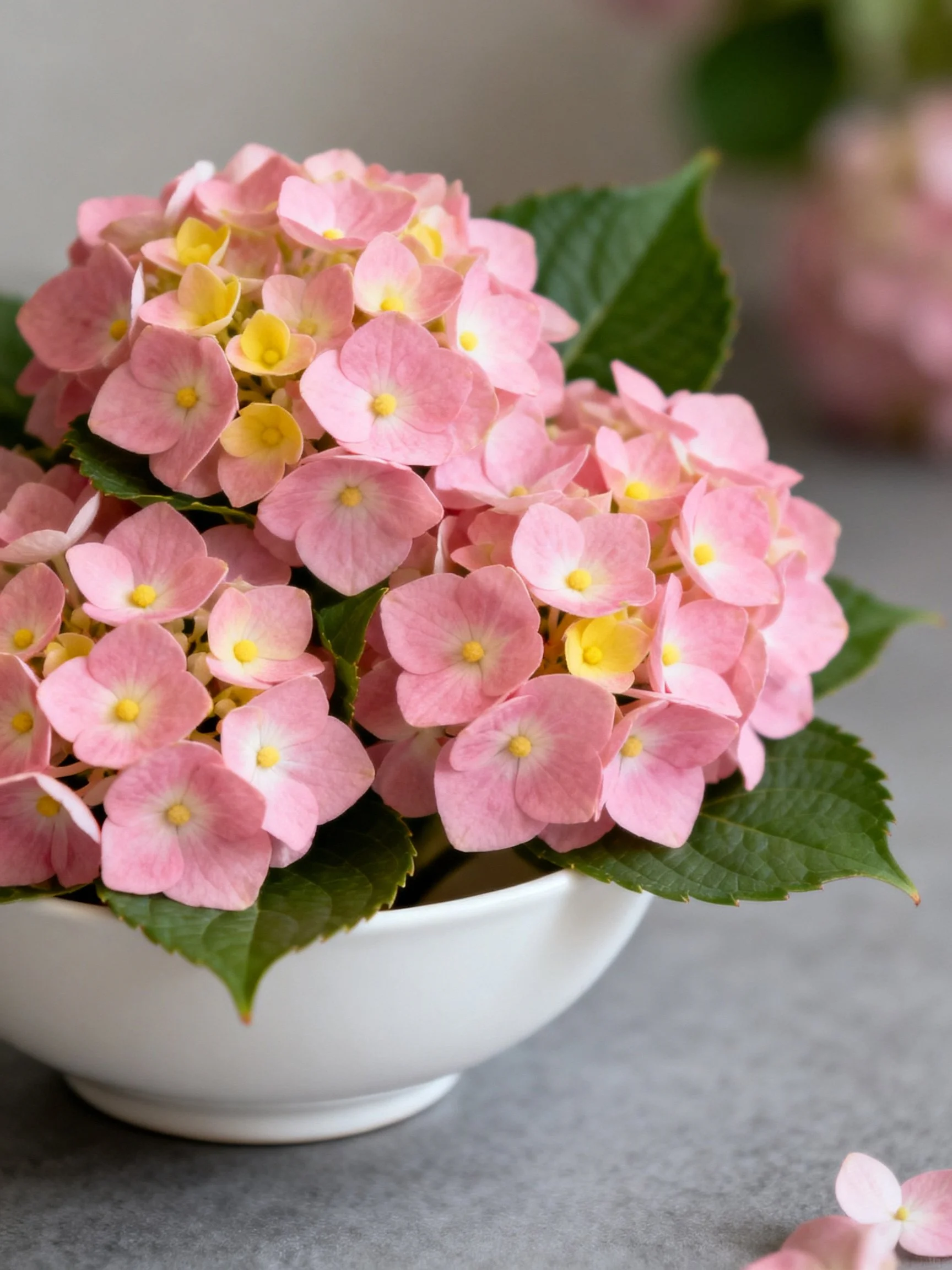 Pink Hydrangea Bouquet in White Bowl