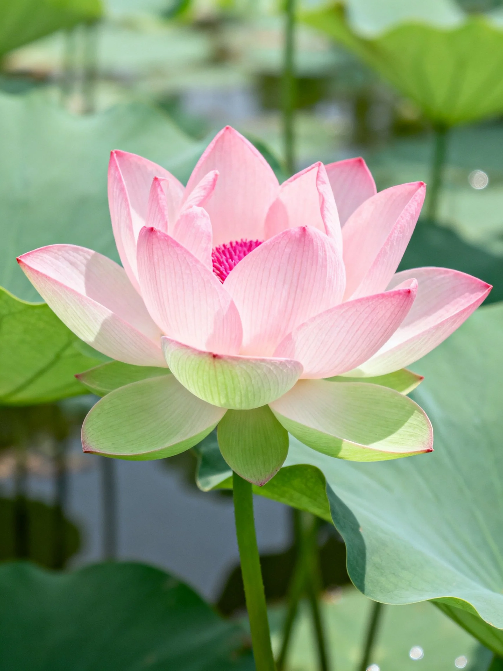 Pink Lotus Bloom Among Green Leaves in Serene Setting