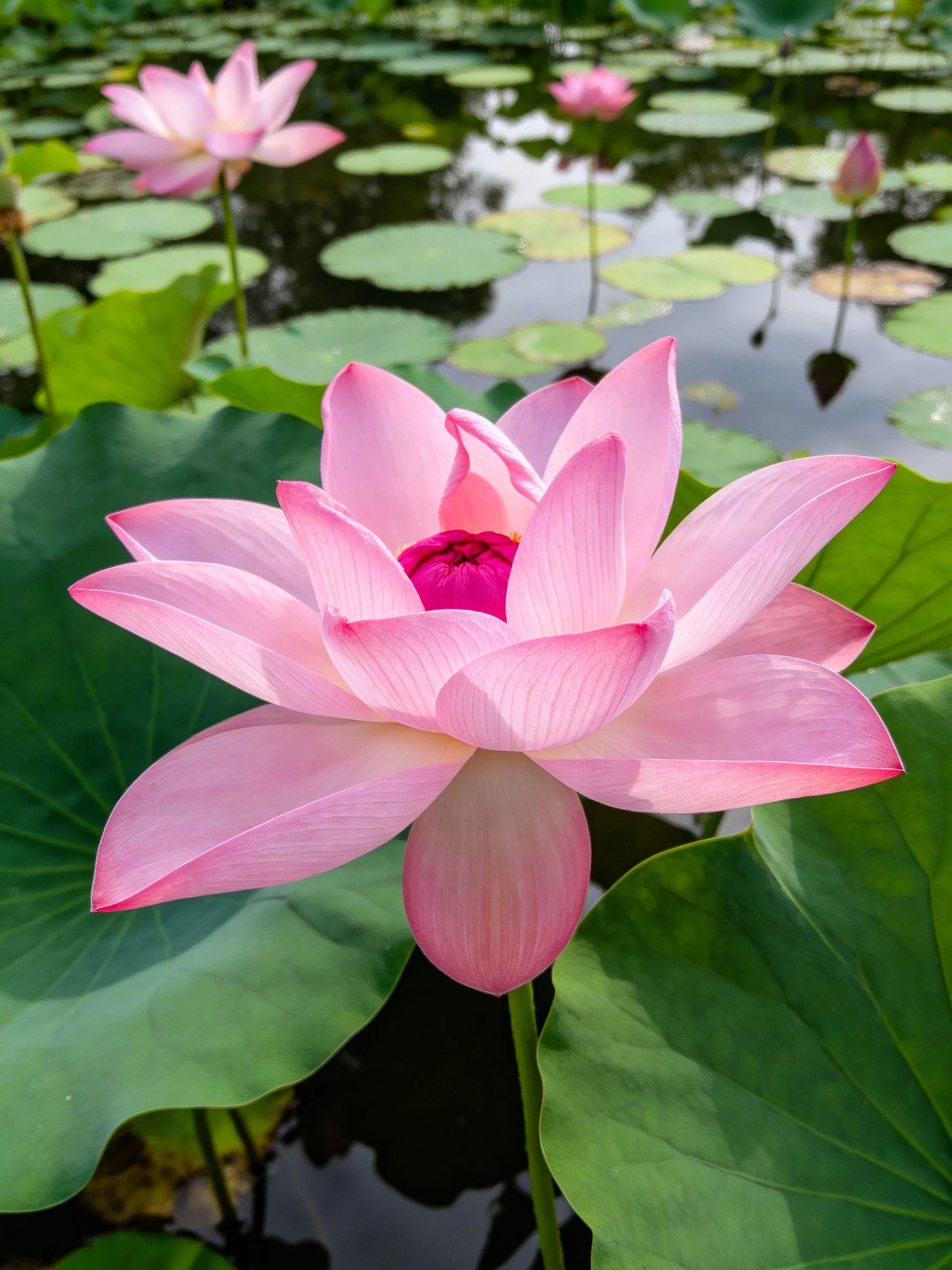 Pink Lotus Bloom with Green Leaves and Water Background