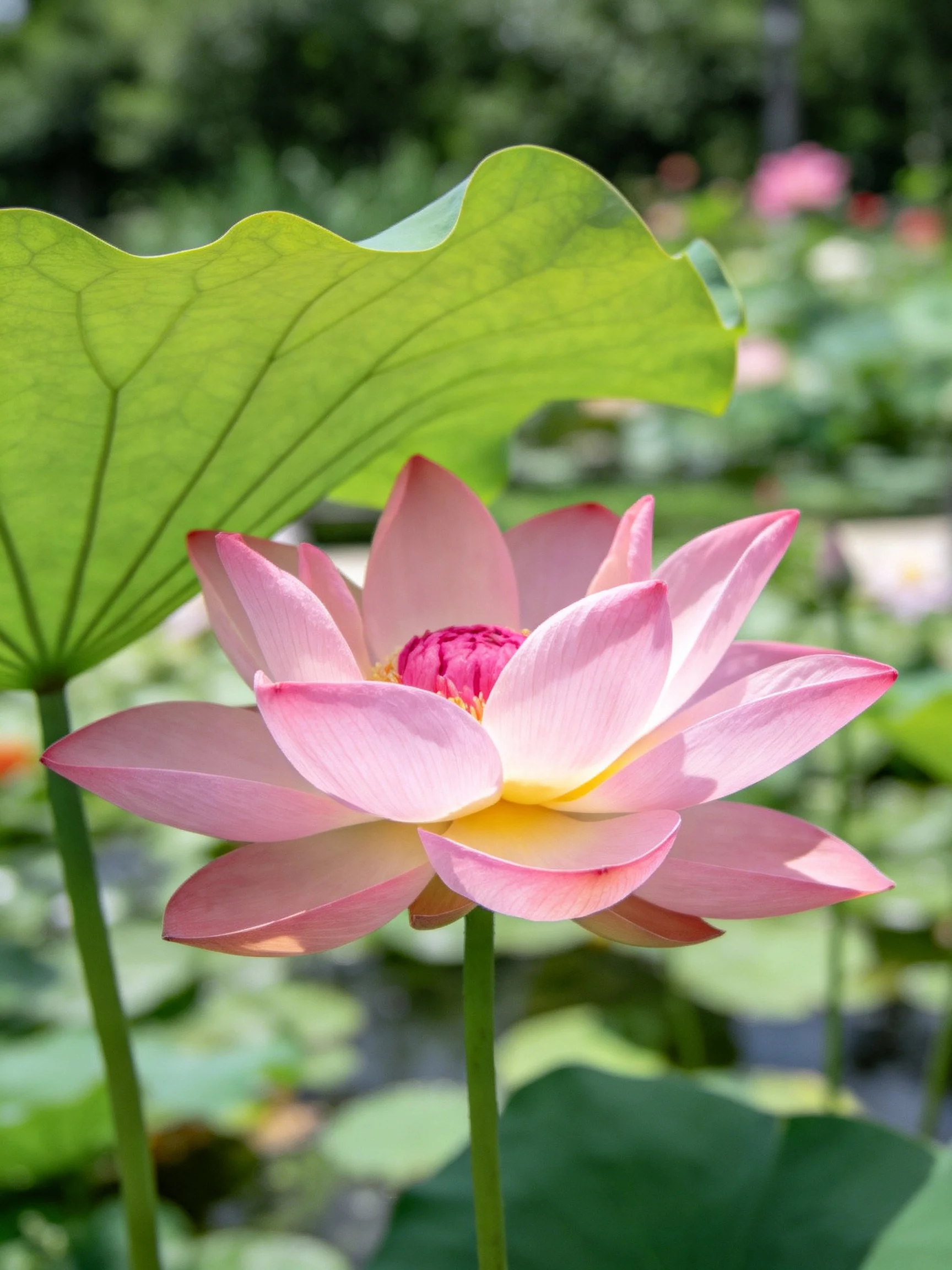 Pink Lotus Bloom with Large Green Leaf in Lush Garden