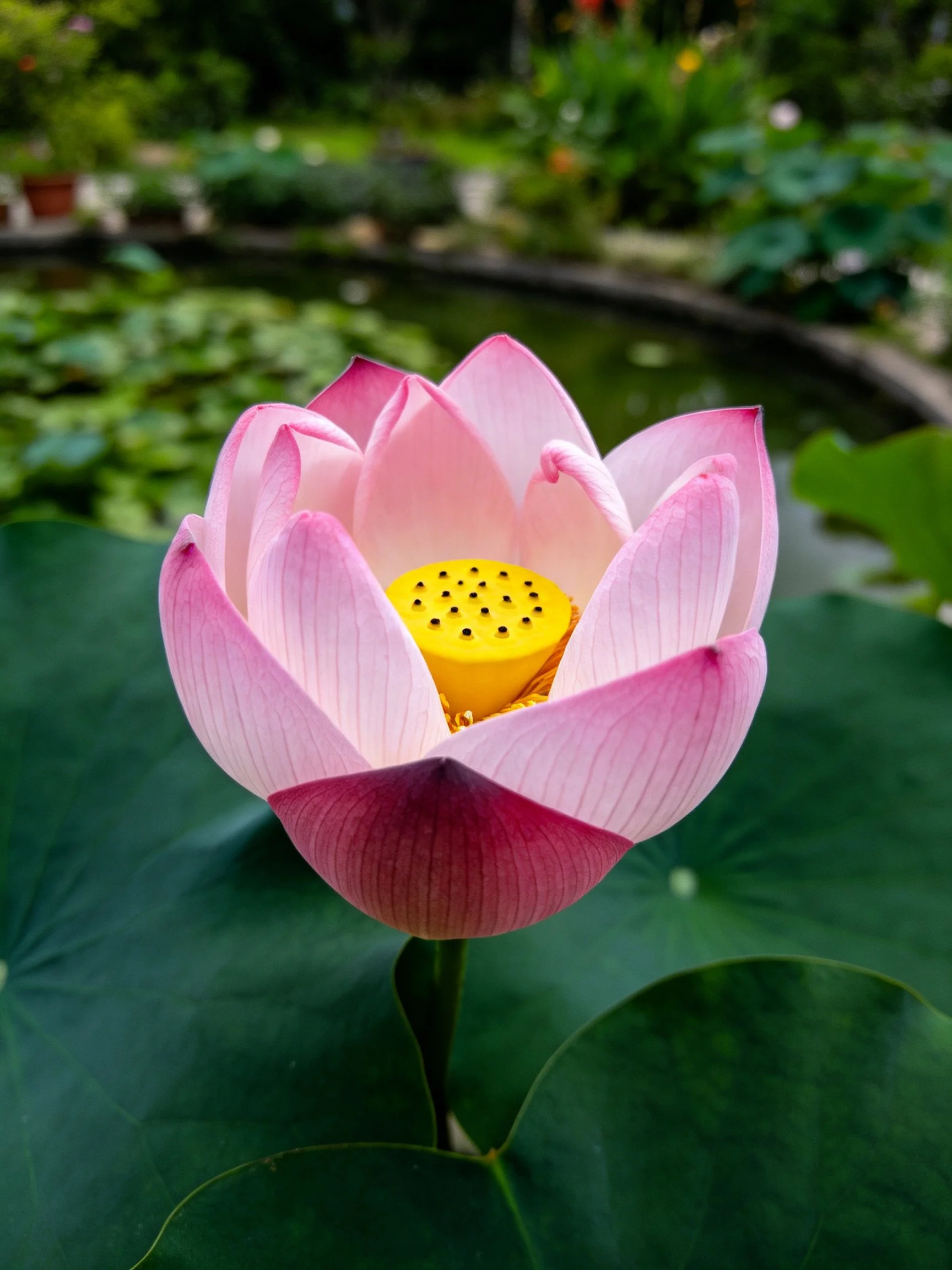 Pink Lotus Bloom with Yellow Center Among Large Green Leaves