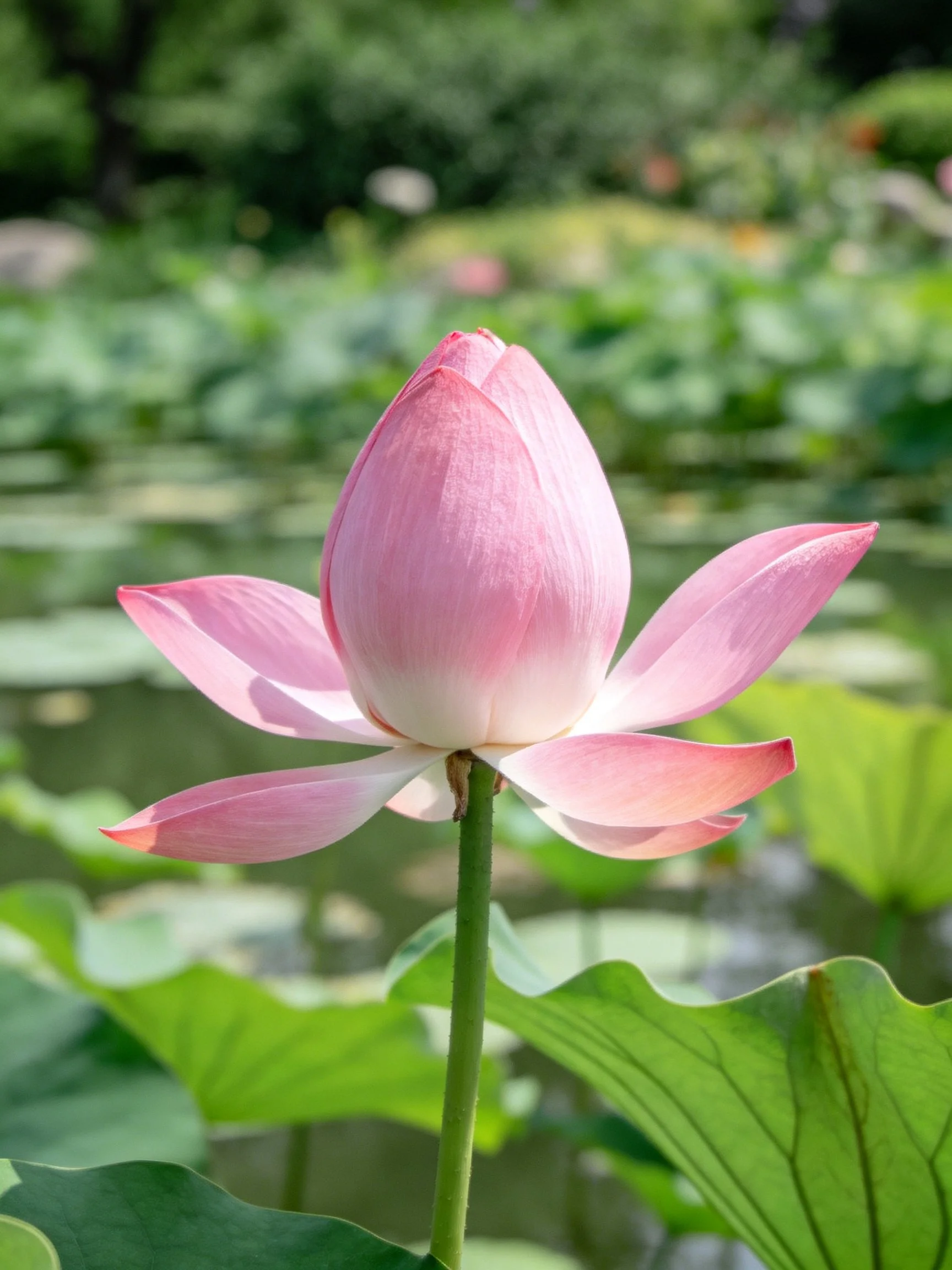 Pink Lotus Bud with Open Petals Among Green Lily Pads