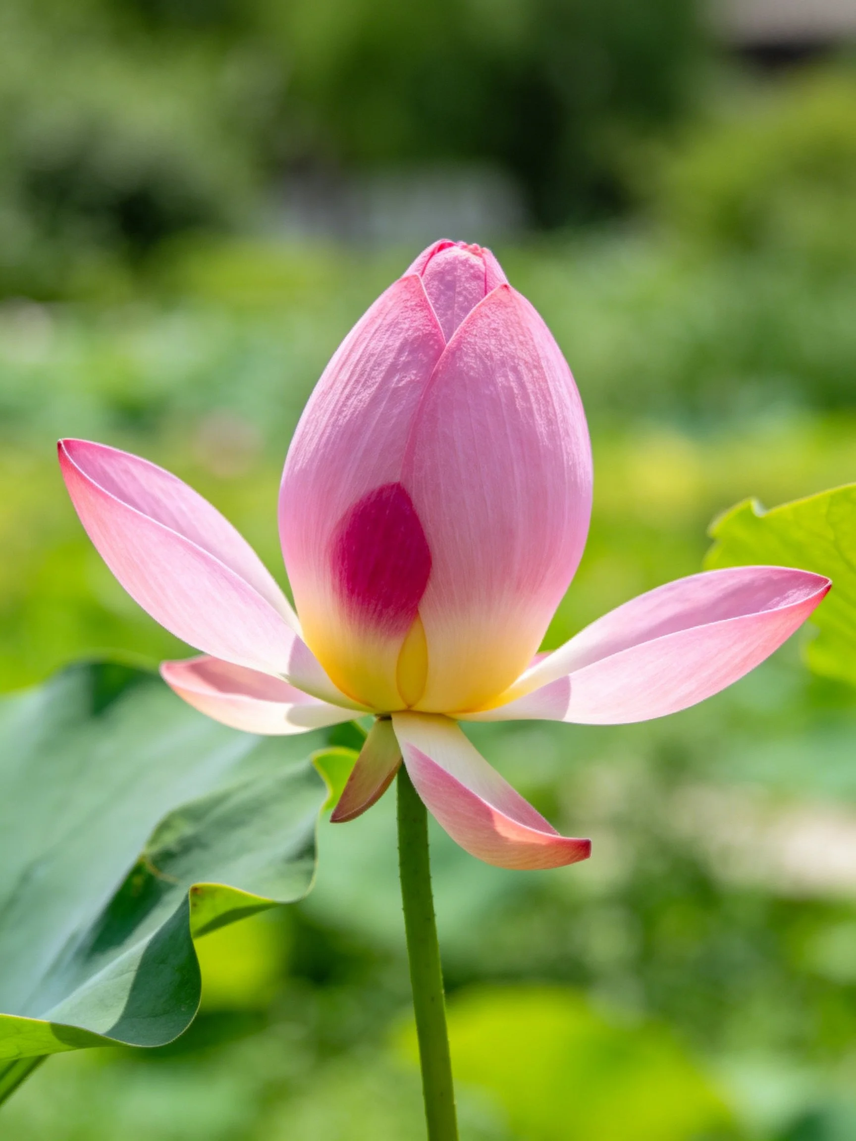 Pink Lotus Bud with Yellow Center Among Green Leaves