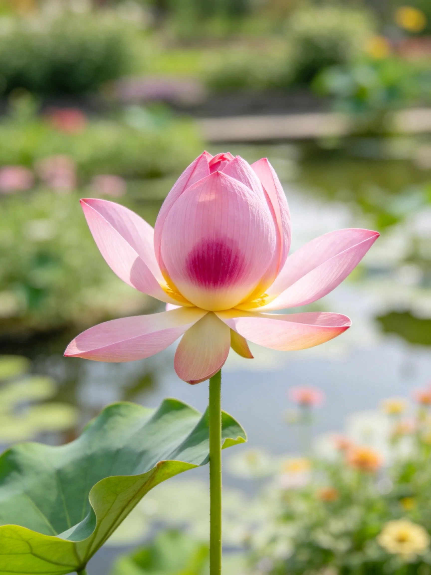 Pink Lotus Bud with Yellow Center by a Pond