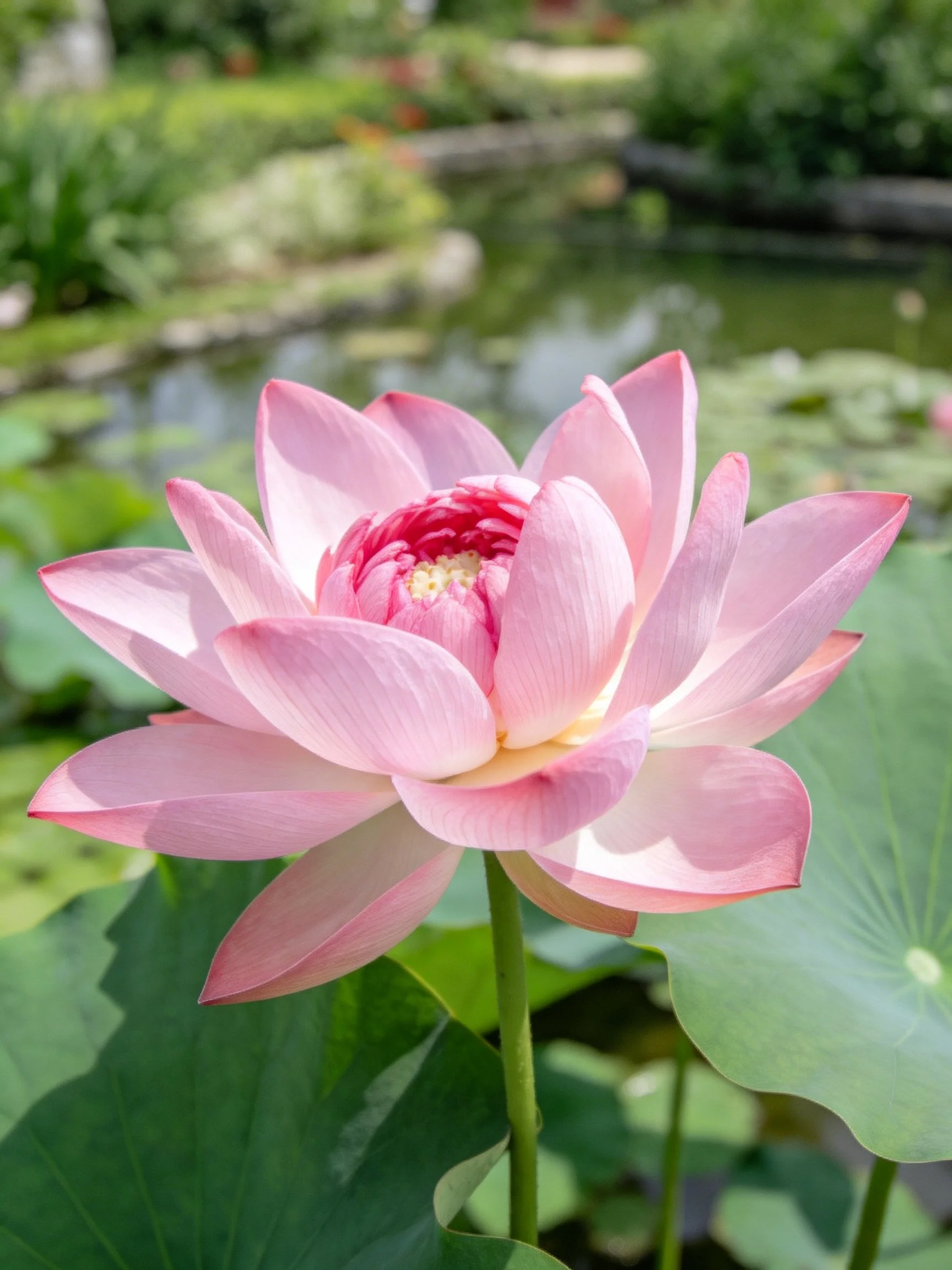 Pink Lotus Flower Blooming Among Green Leaves