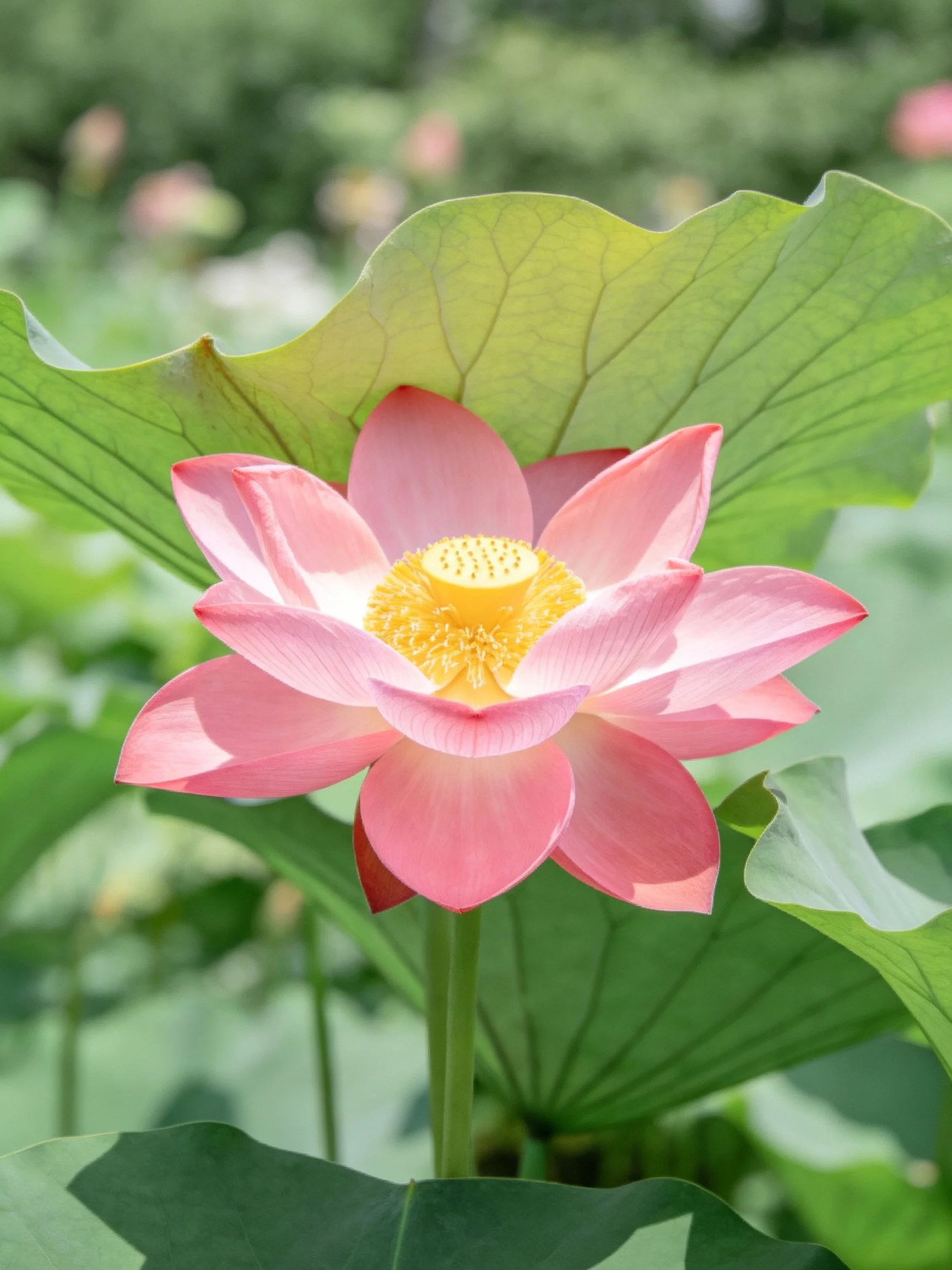 Pink Lotus Flower Surrounded by Large Green Leaves