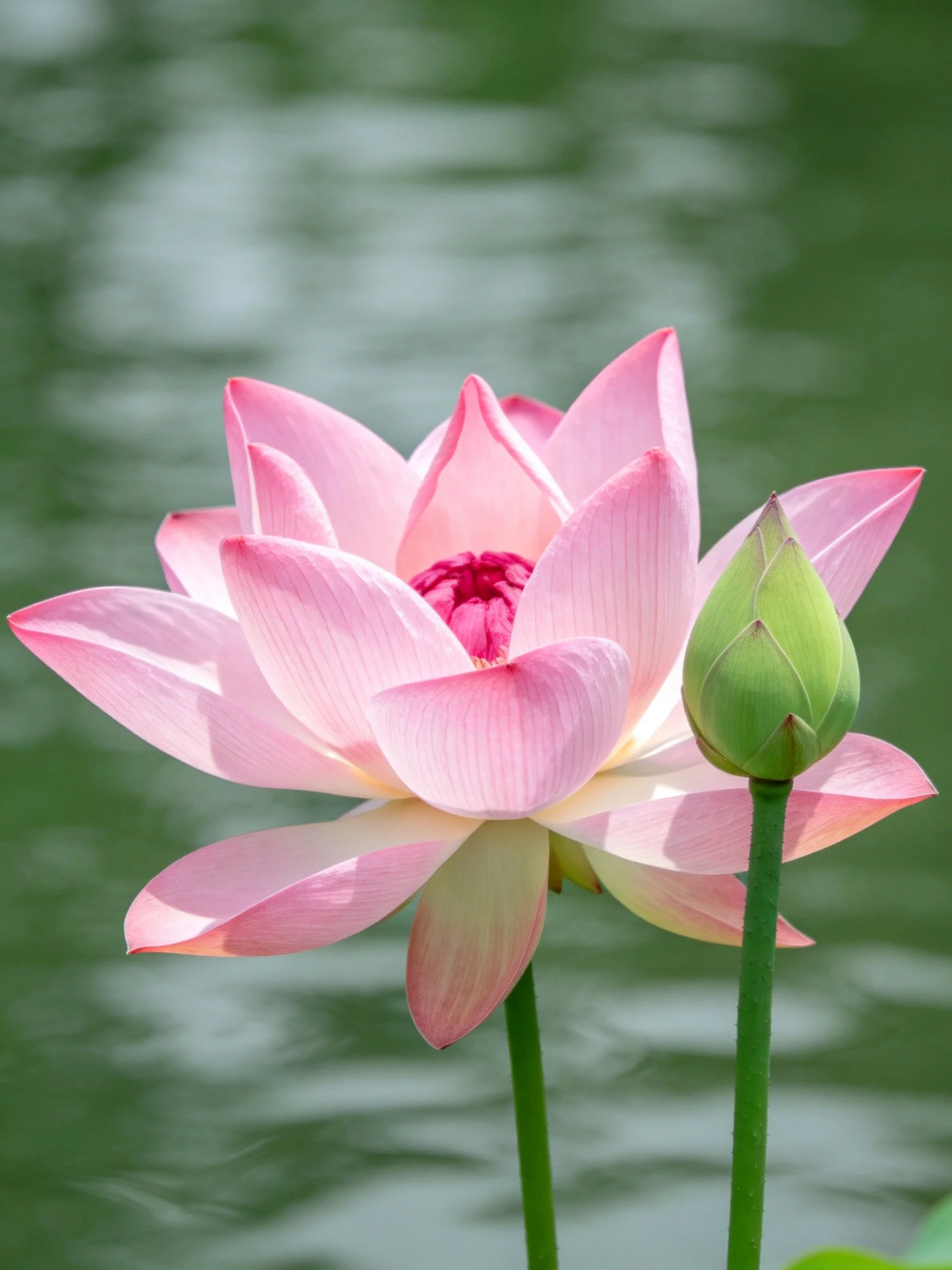 Pink Lotus Flower in Full Bloom with Green Bud Near Still Water