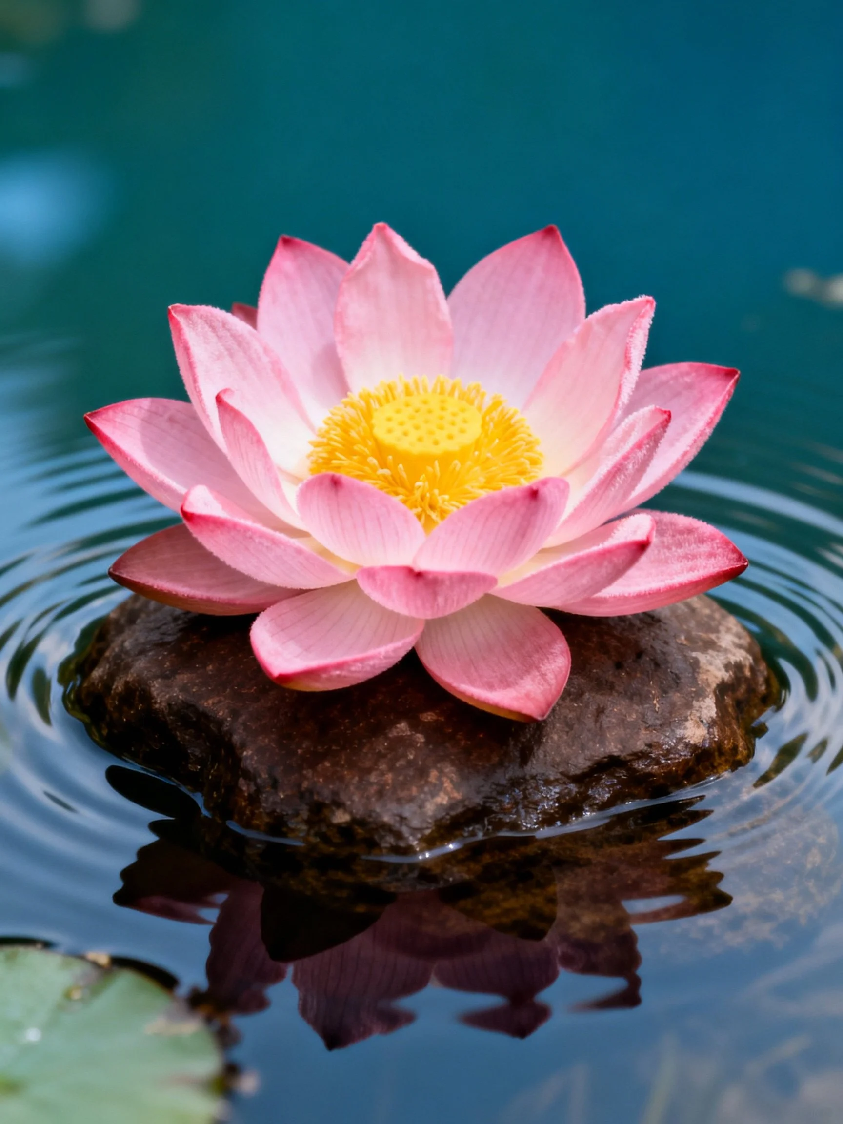 Pink Lotus Flower on a Rock in Calm Water