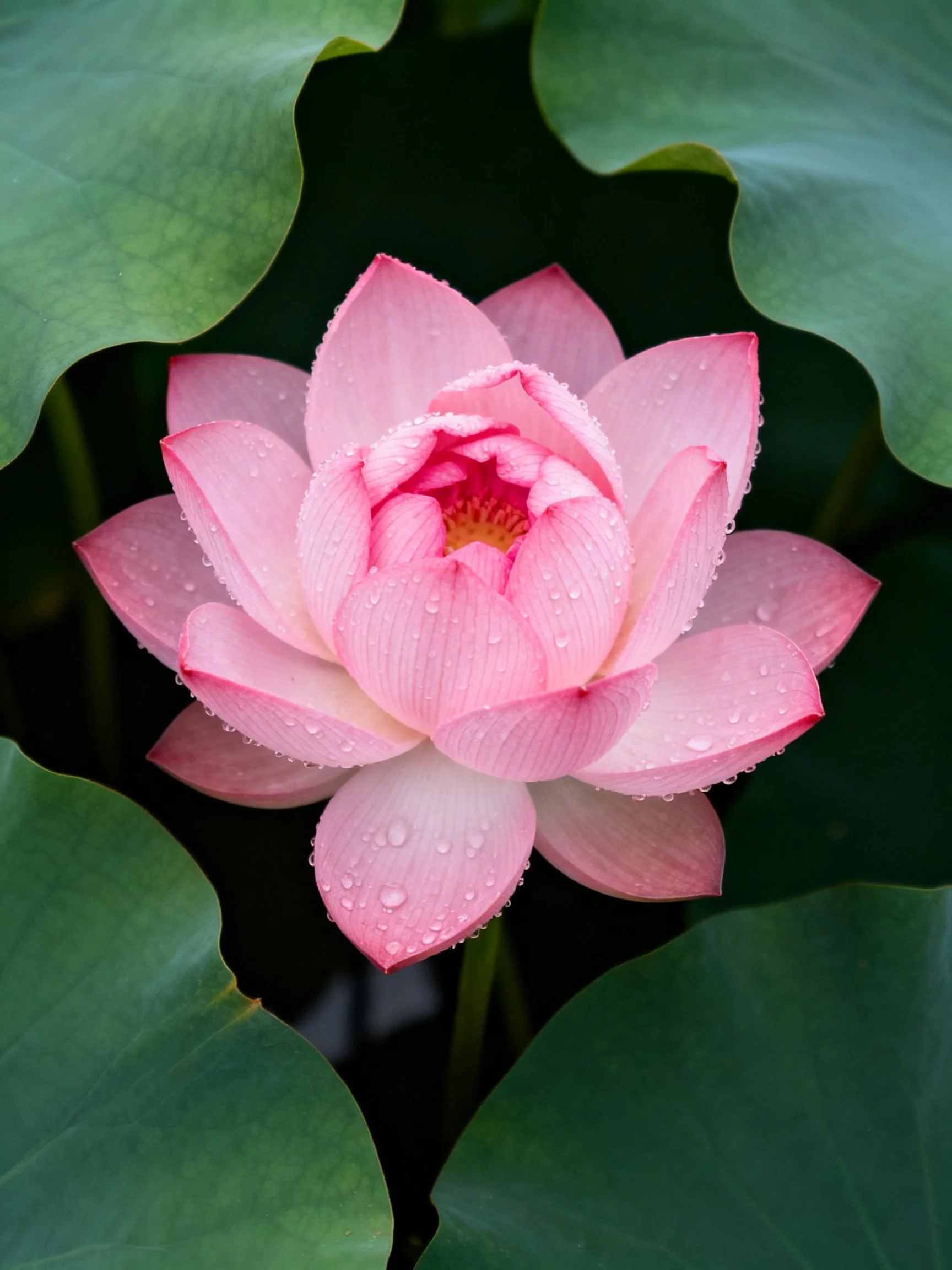 Pink Lotus Flower with Dew Drops Among Large Green Leaves