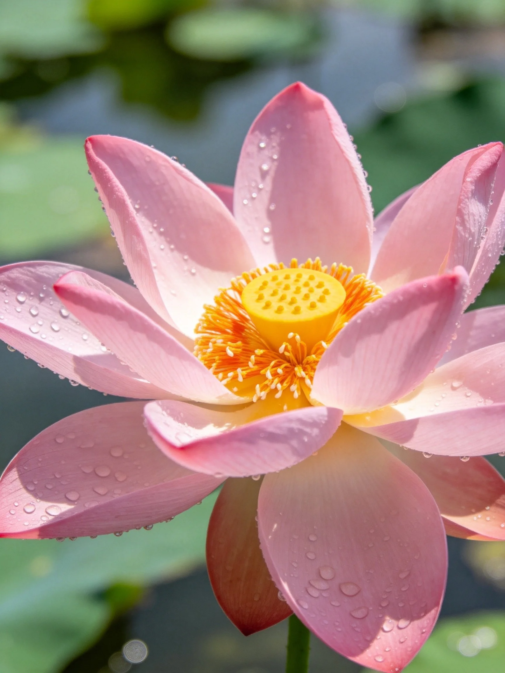 Pink Lotus Flower with Dew Drops and Yellow Center