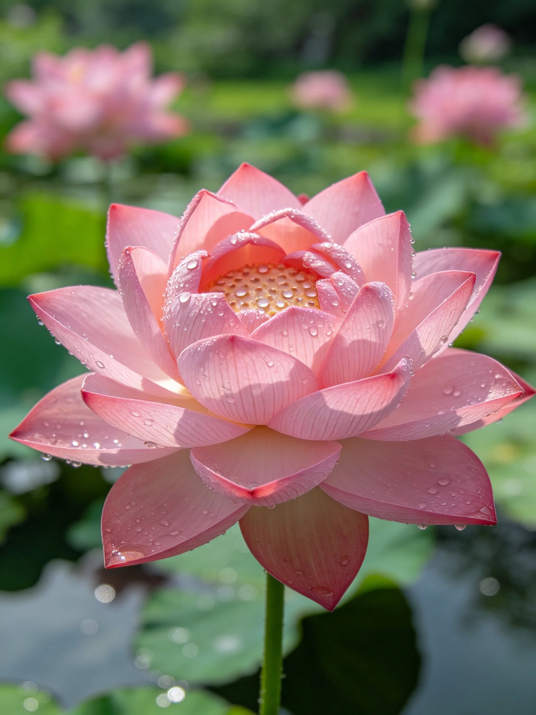 Pink Lotus Flower with Dew Drops in a Lush Garden
