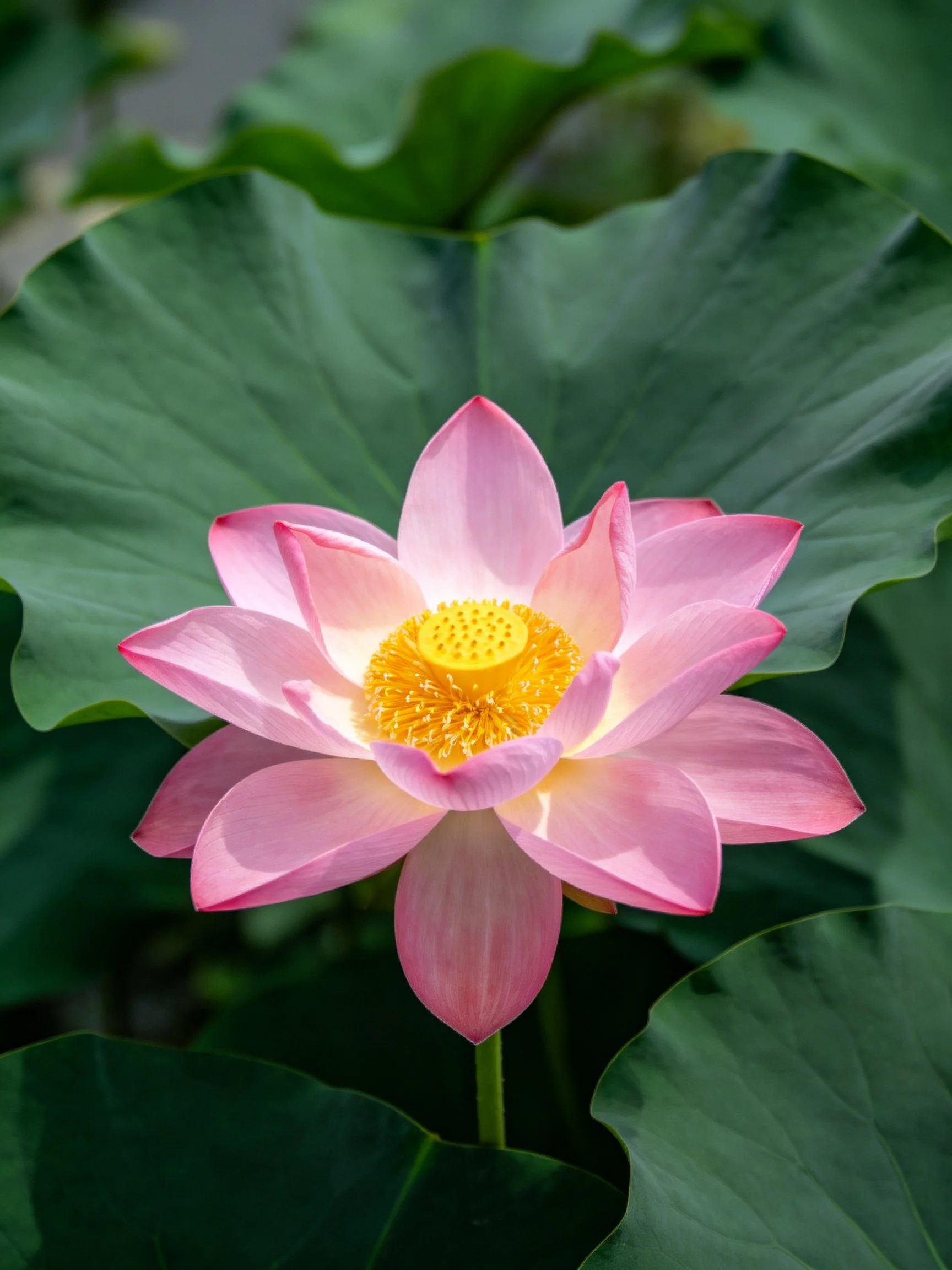 Pink Lotus Flower with Large Green Leaves