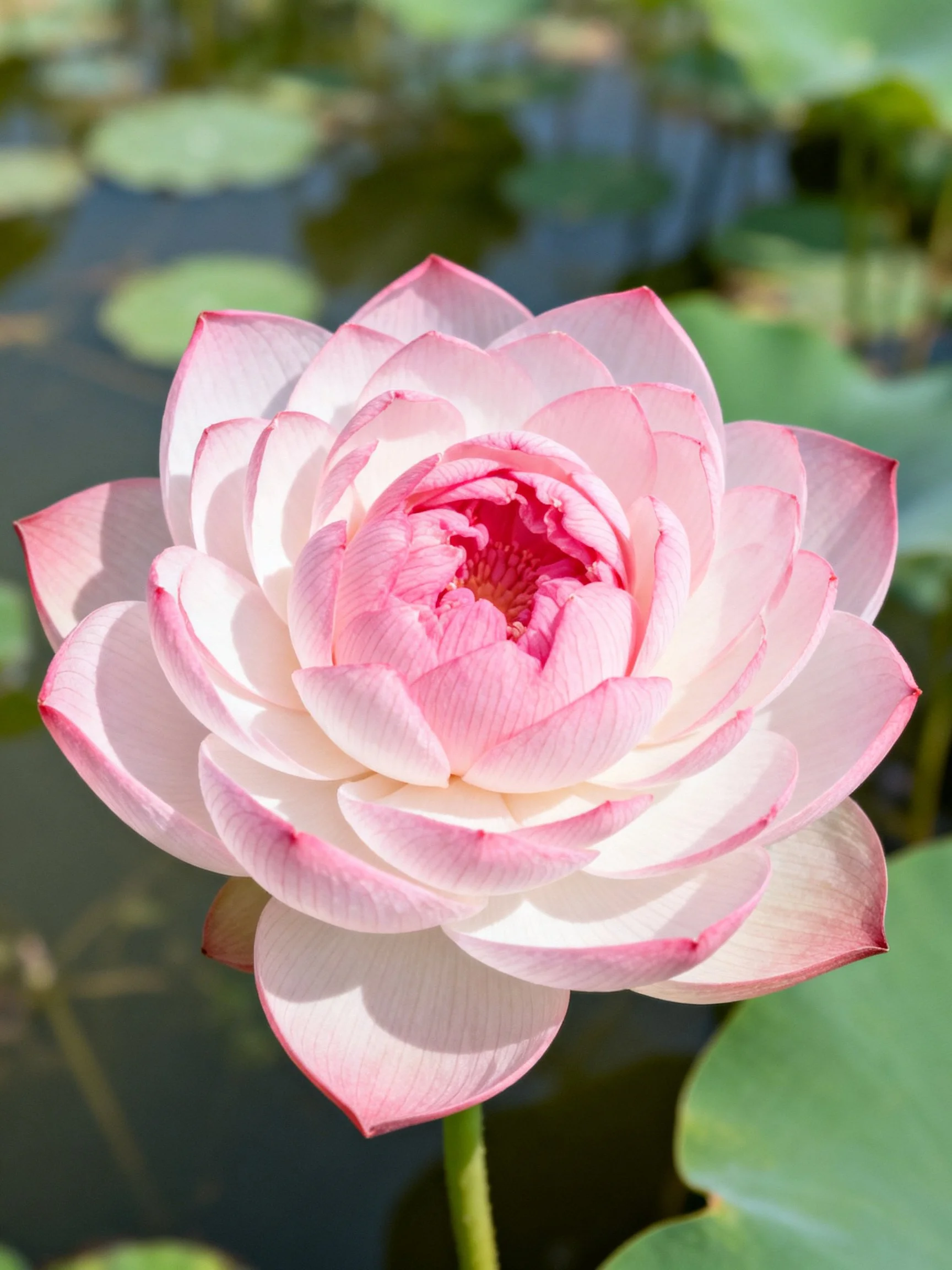 Pink Lotus Flower with Layered Petals Near Lily Pads