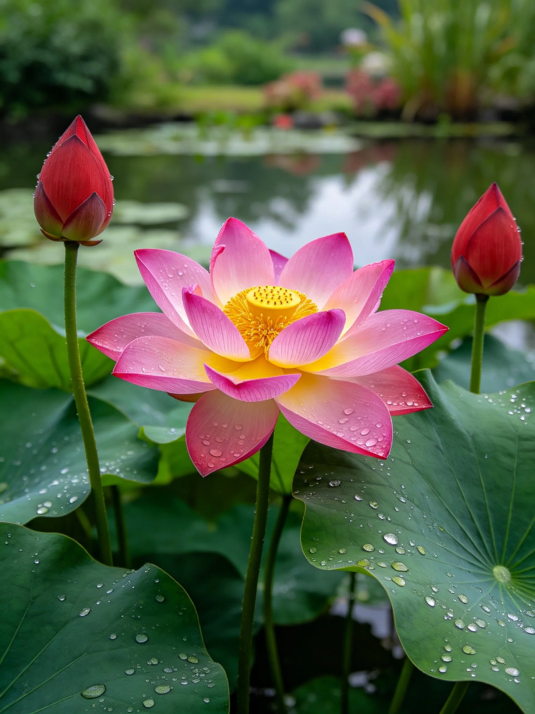 Pink Lotus Flower with Two Red Buds and Dewy Green Leaves
