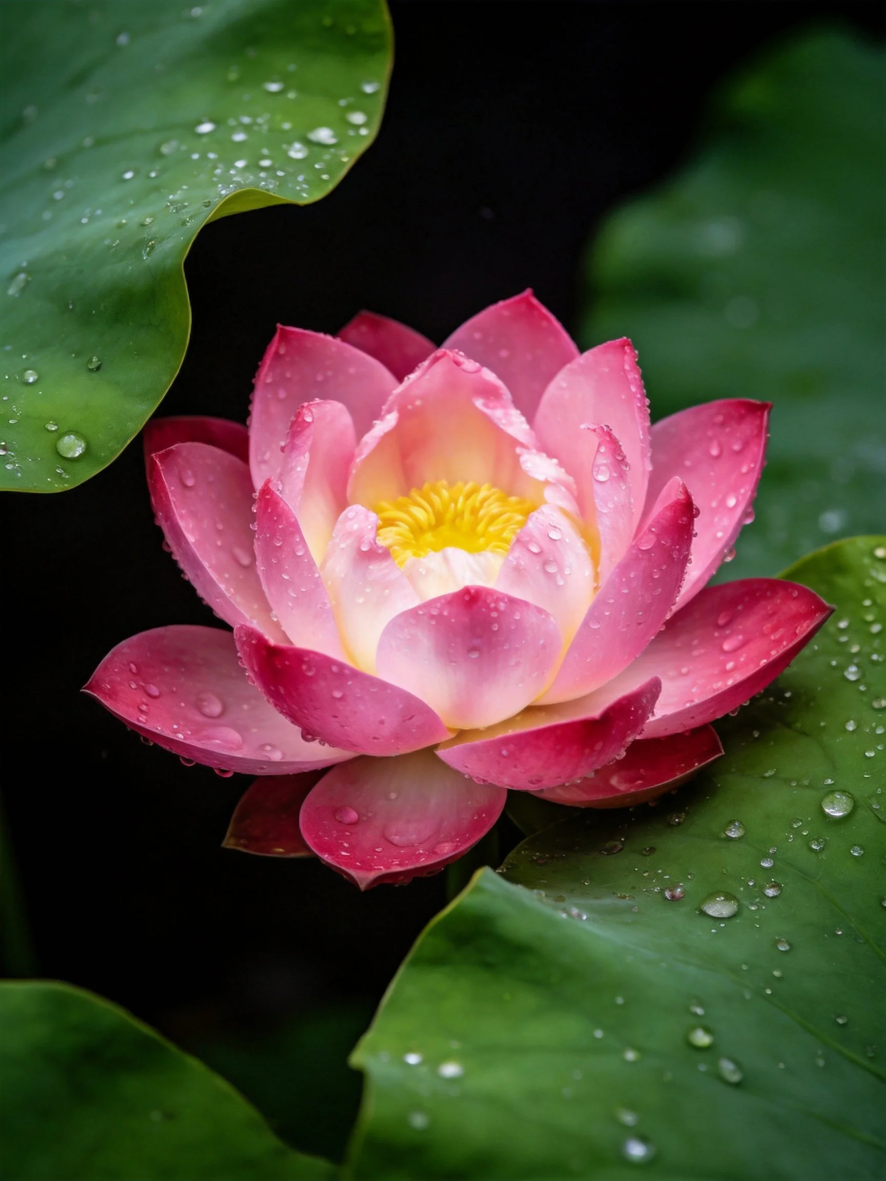 Pink Lotus Flower with Water Droplets Among Green Leaves