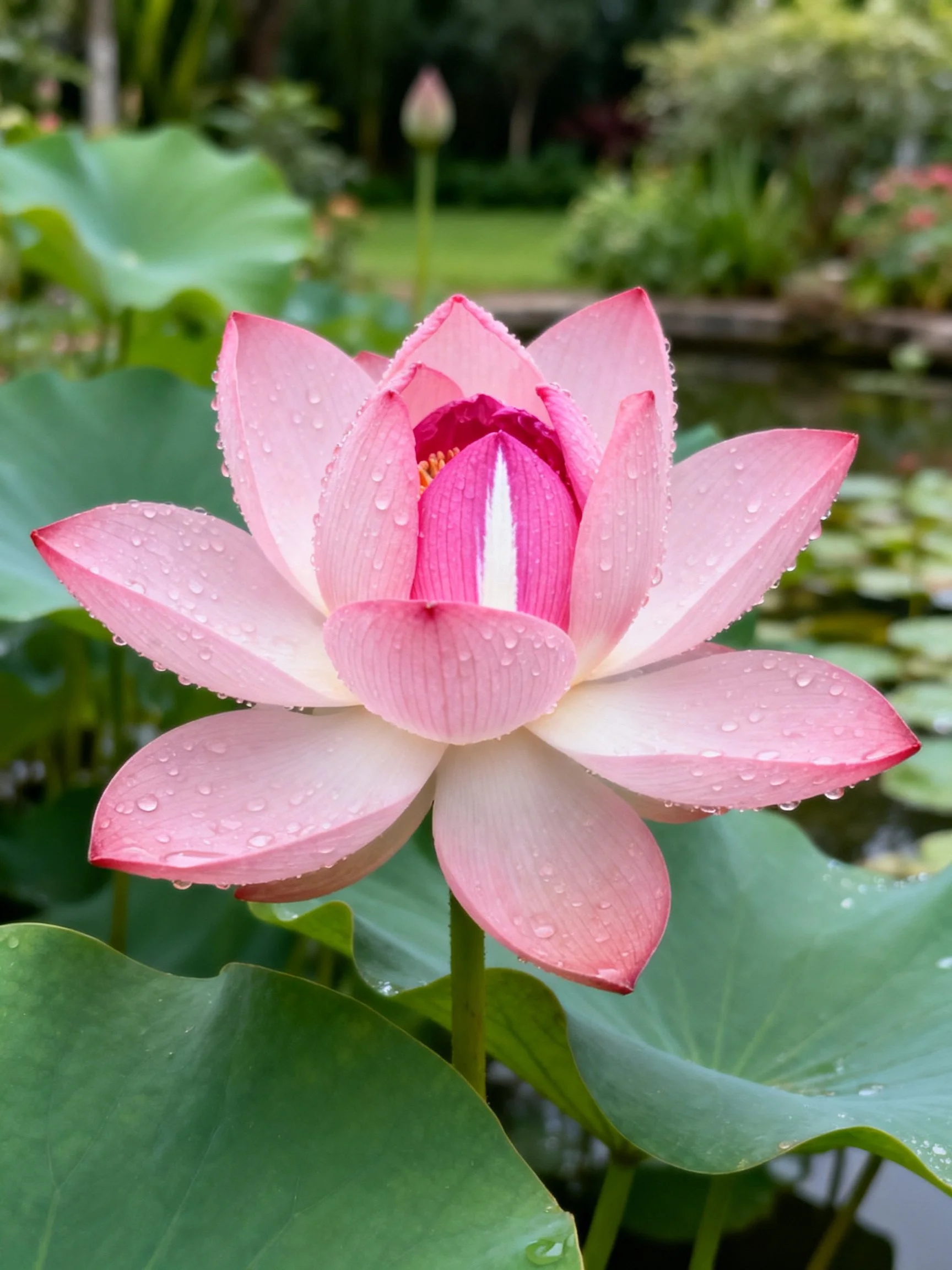 Pink Lotus Flower with Water Droplets Among Green Leaves
