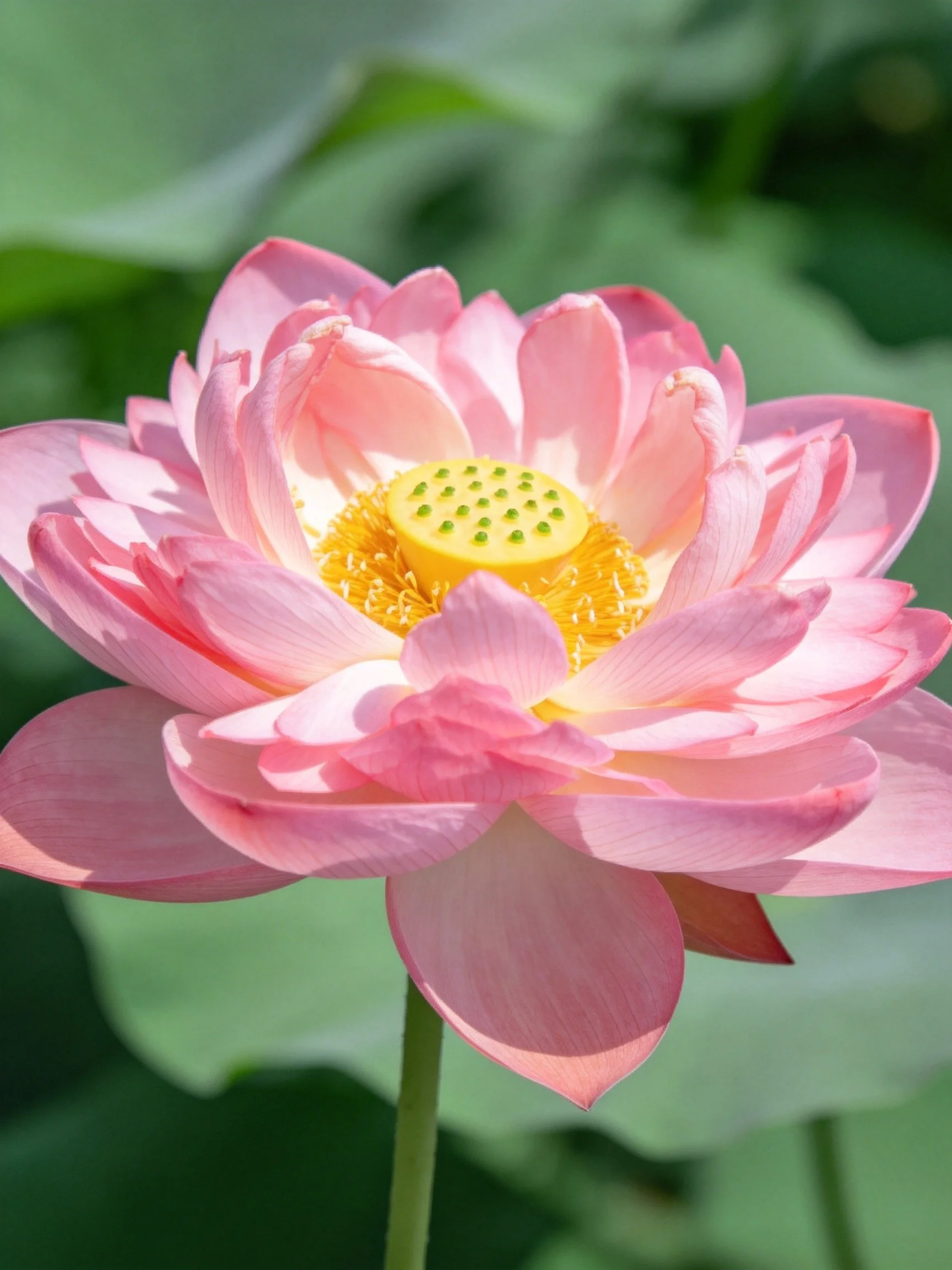 Pink Lotus Flower with Yellow Center and Blurred Green Foliage