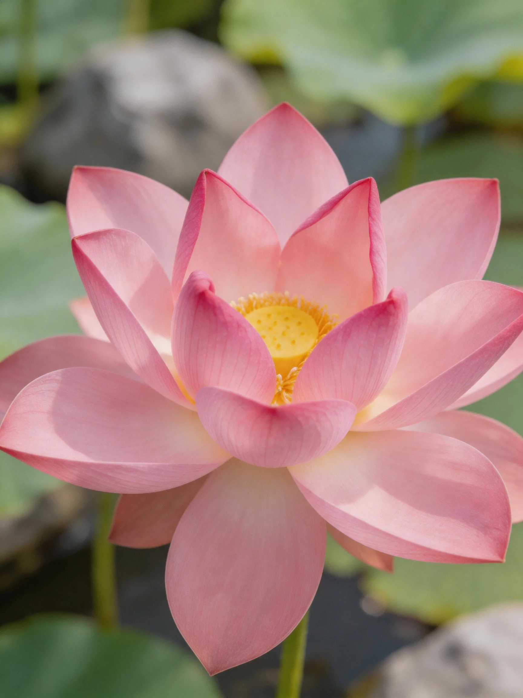 Pink Lotus Flower with Yellow Center and Green Foliage