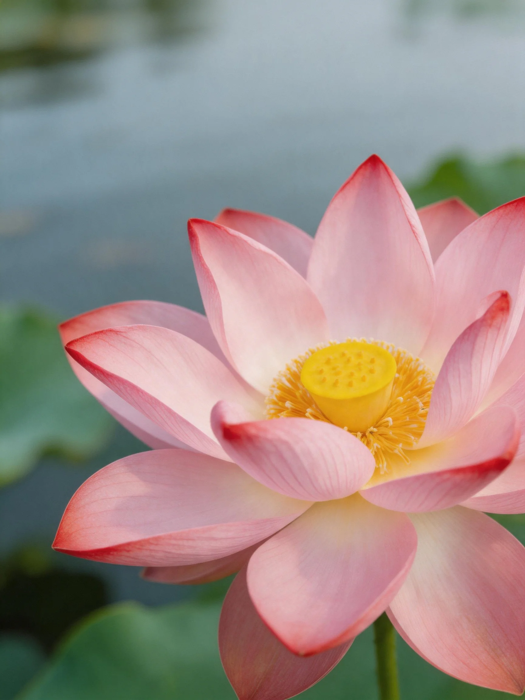 Pink Lotus Flower with Yellow Center and Green Leaves