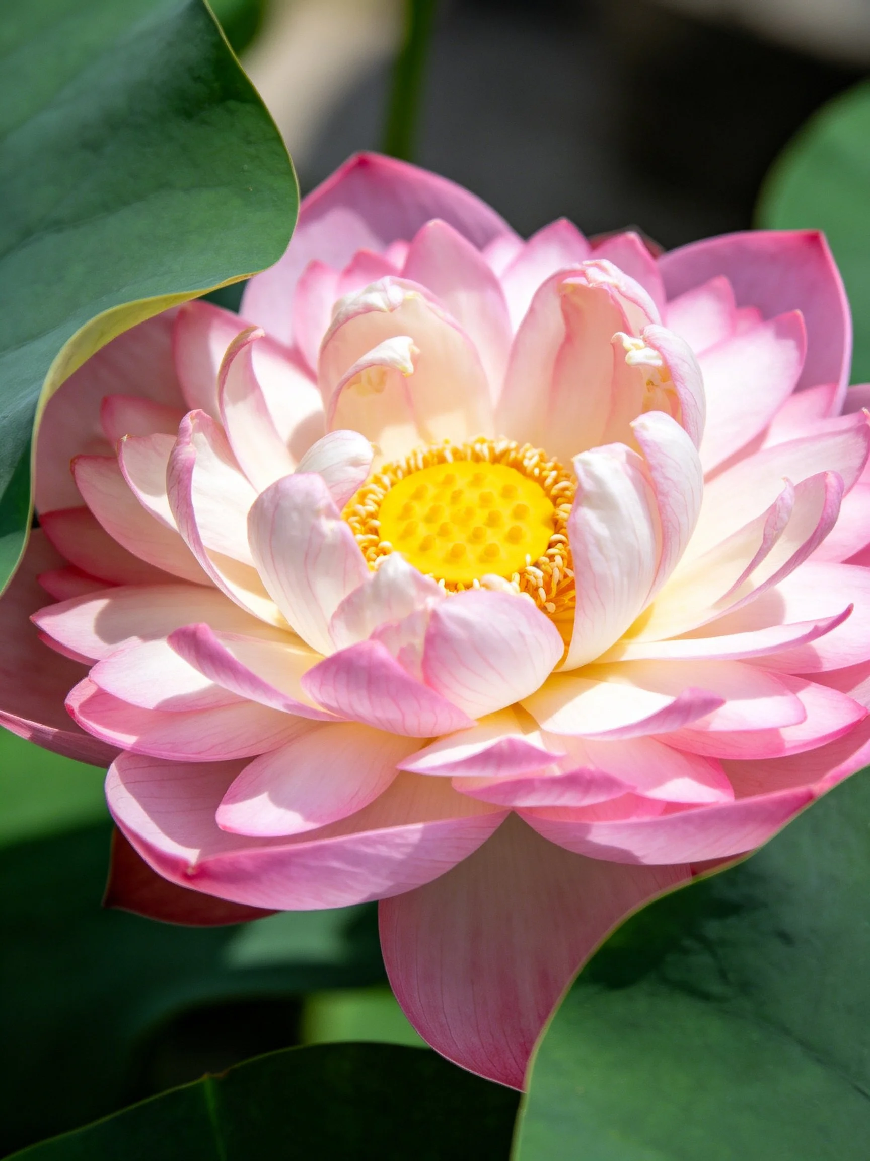 Pink Lotus Flower with Yellow Center and Green Leaves