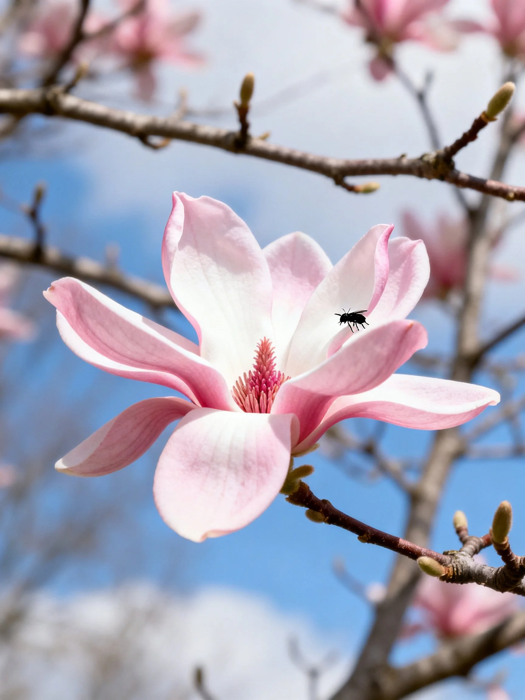 Pink Magnolia Bloom with Bee on Petal