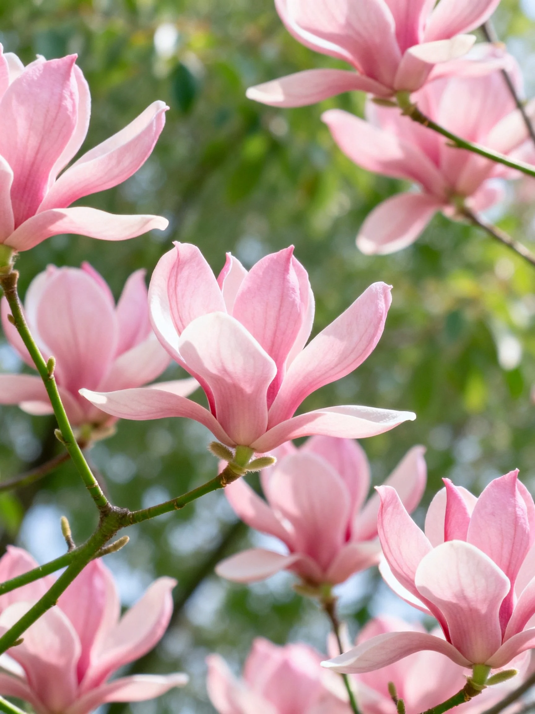 Pink Magnolia Blooms Clustered on Green Branches