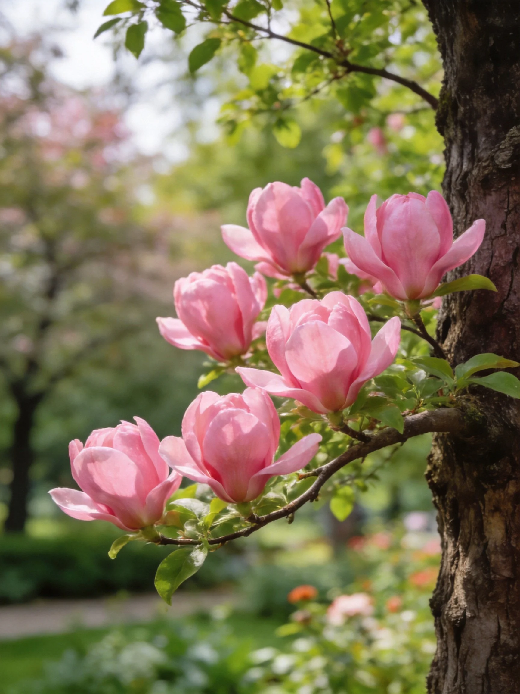 Pink Magnolia Blooms on Tree Branch with Green Foliage