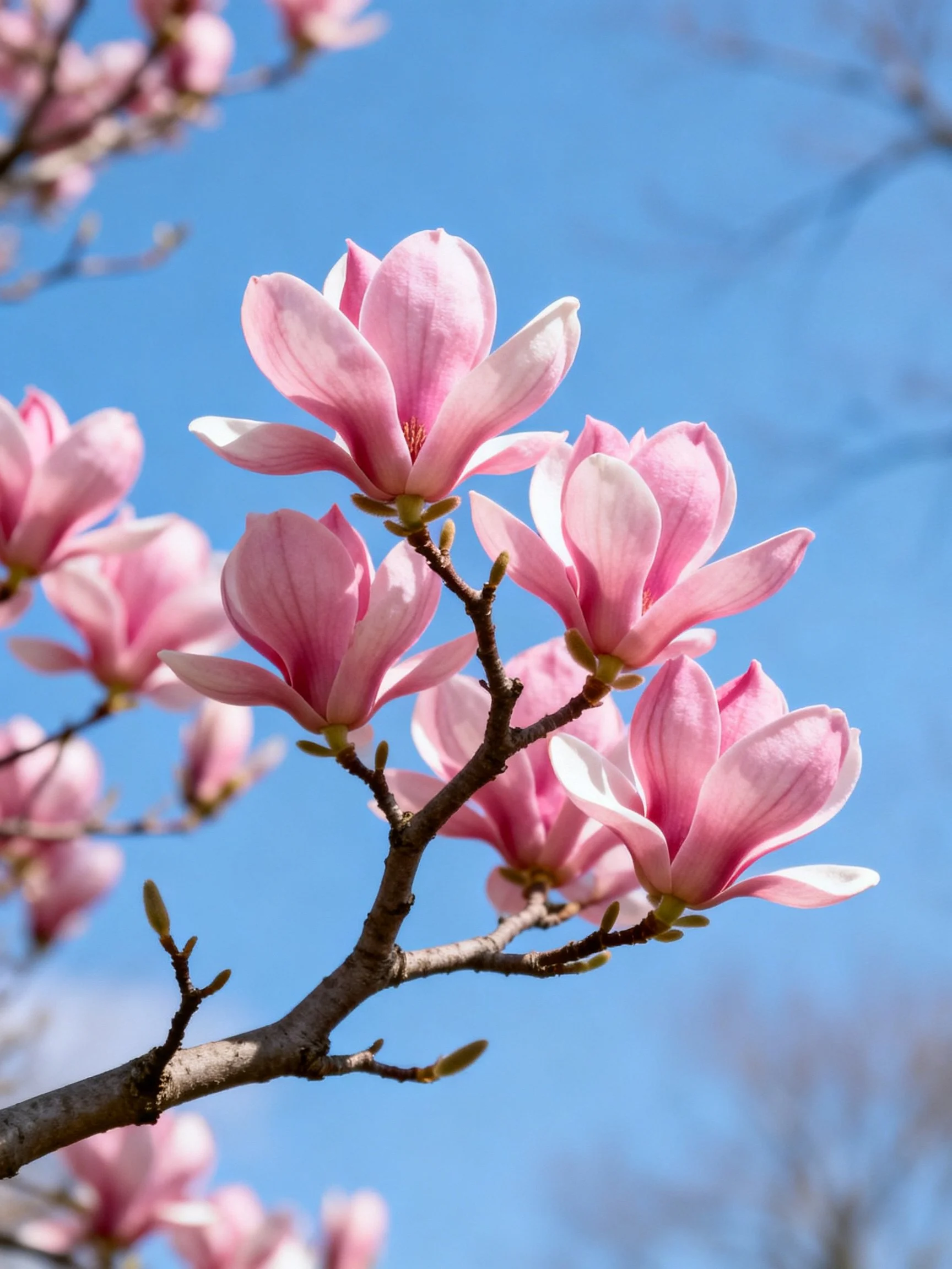 Pink Magnolia Flowers Bloom on Twigs Beneath Clear Blue Sky