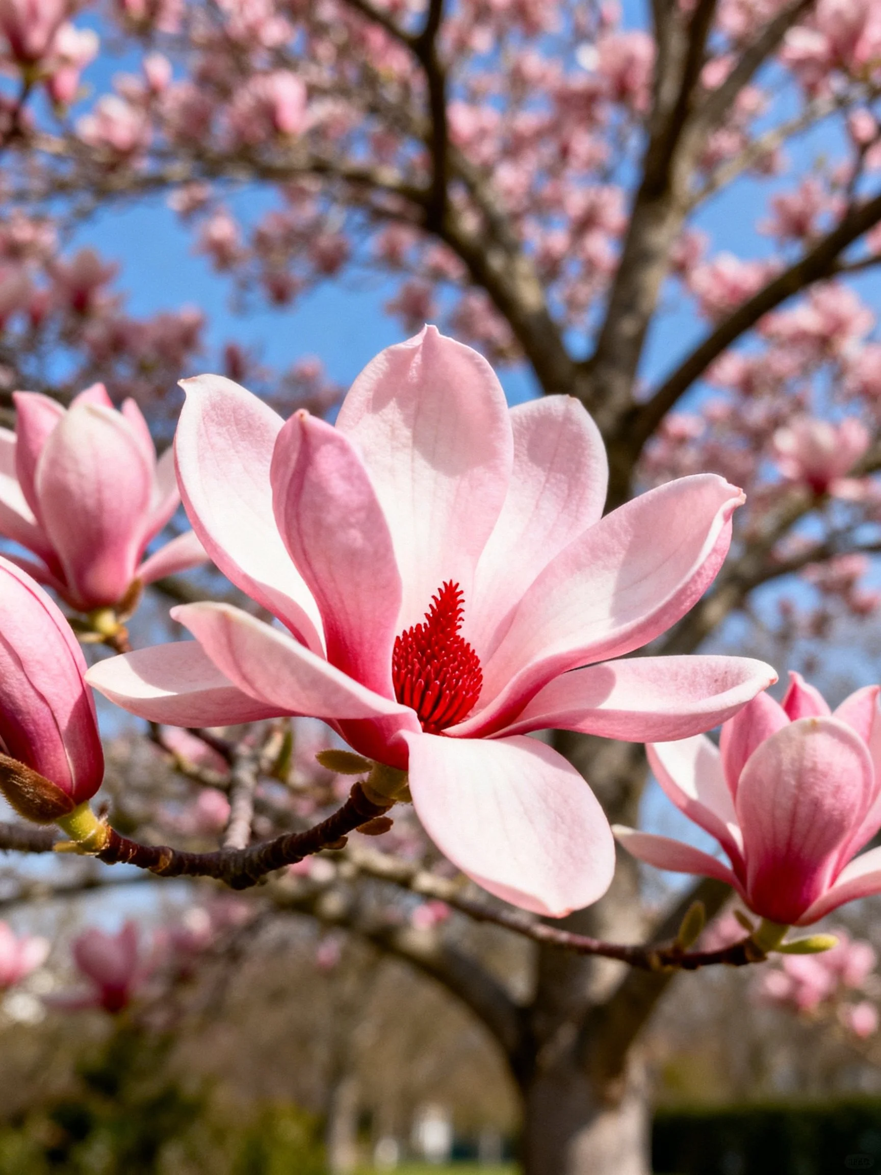 Pink Magnolia Flowers in Full Bloom with Red Centers