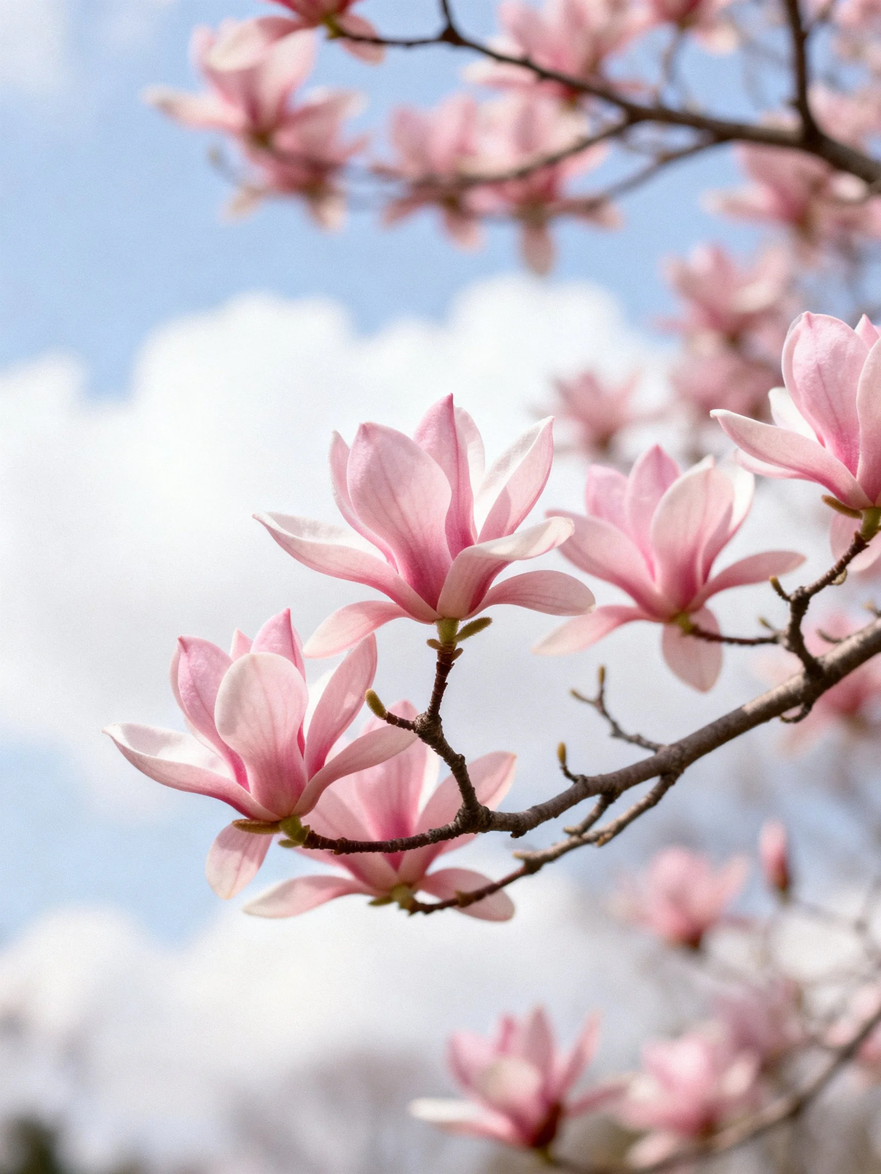 Pink Magnolias Bloom on Branches Against Blue Sky