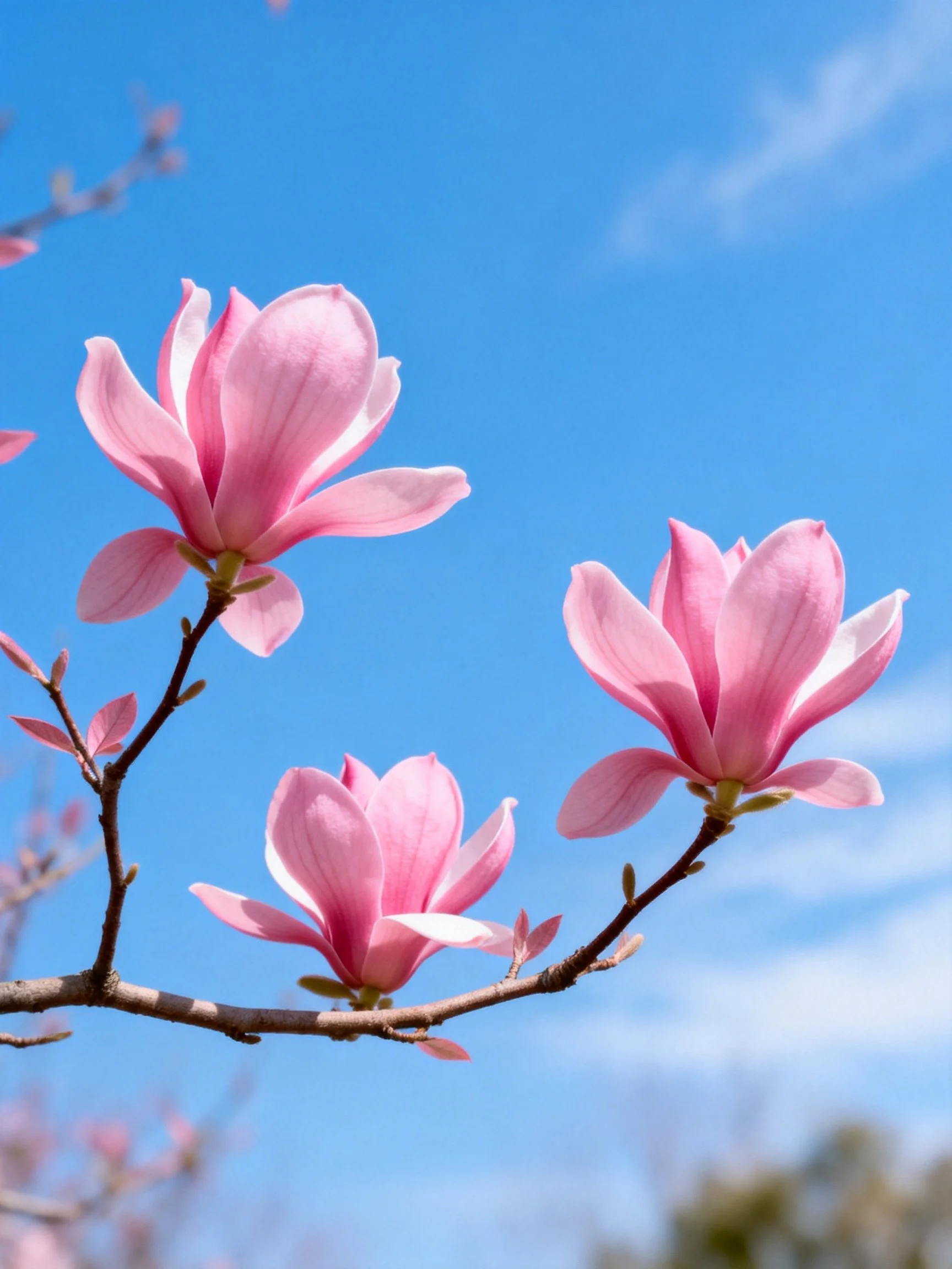 Pink Magnolias Bloom on Branches Against Bright Blue Sky